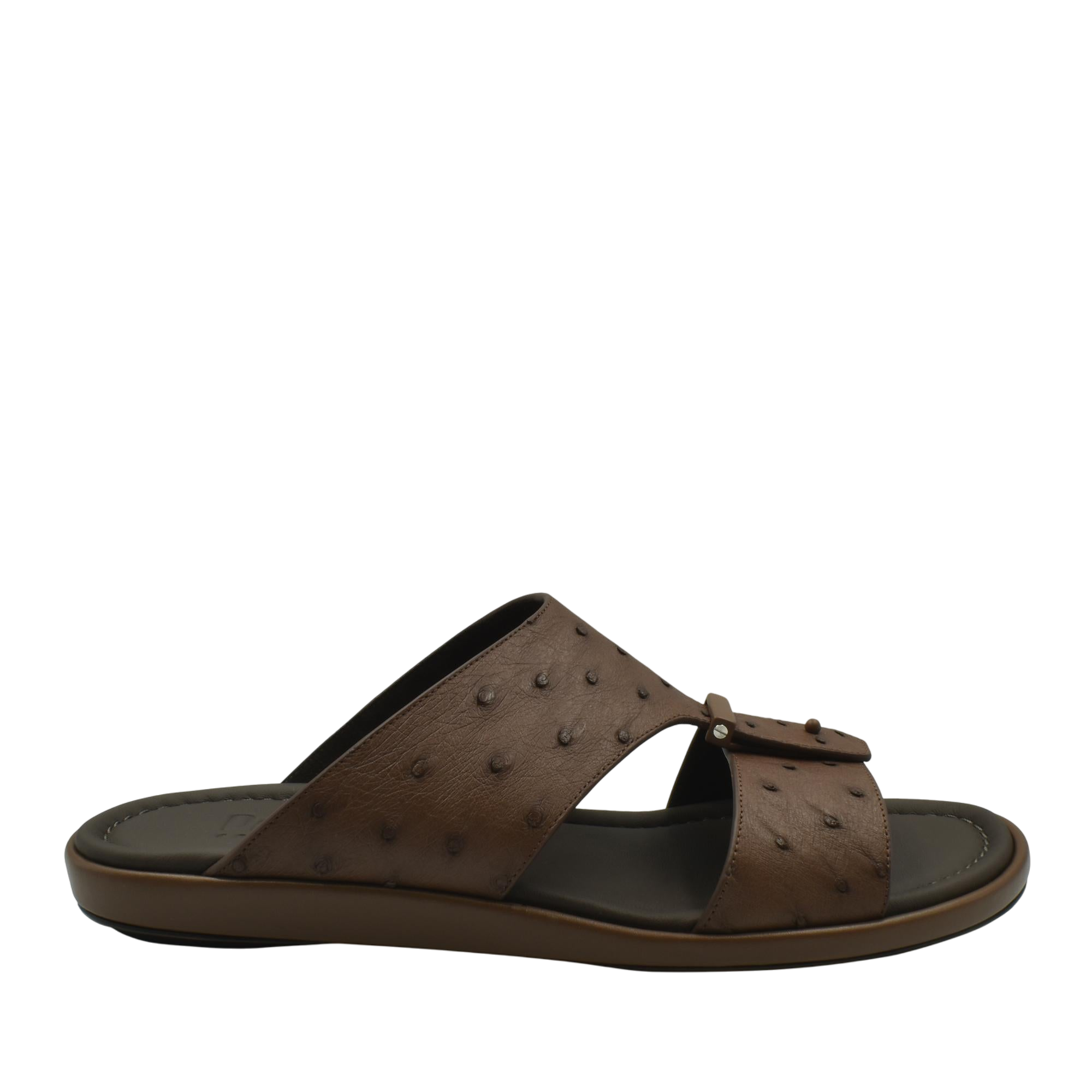 Brown ostrich leather sandals men with textured straps and comfortable cushioned sole