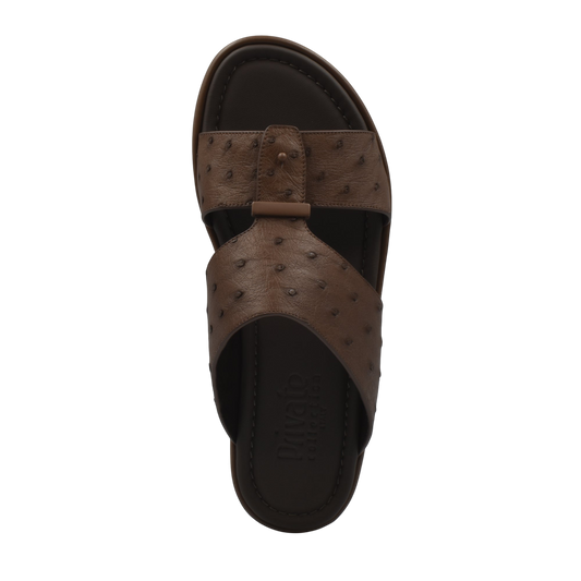 Brown ostrich leather sandals men with textured leather upper and cushioned footbed