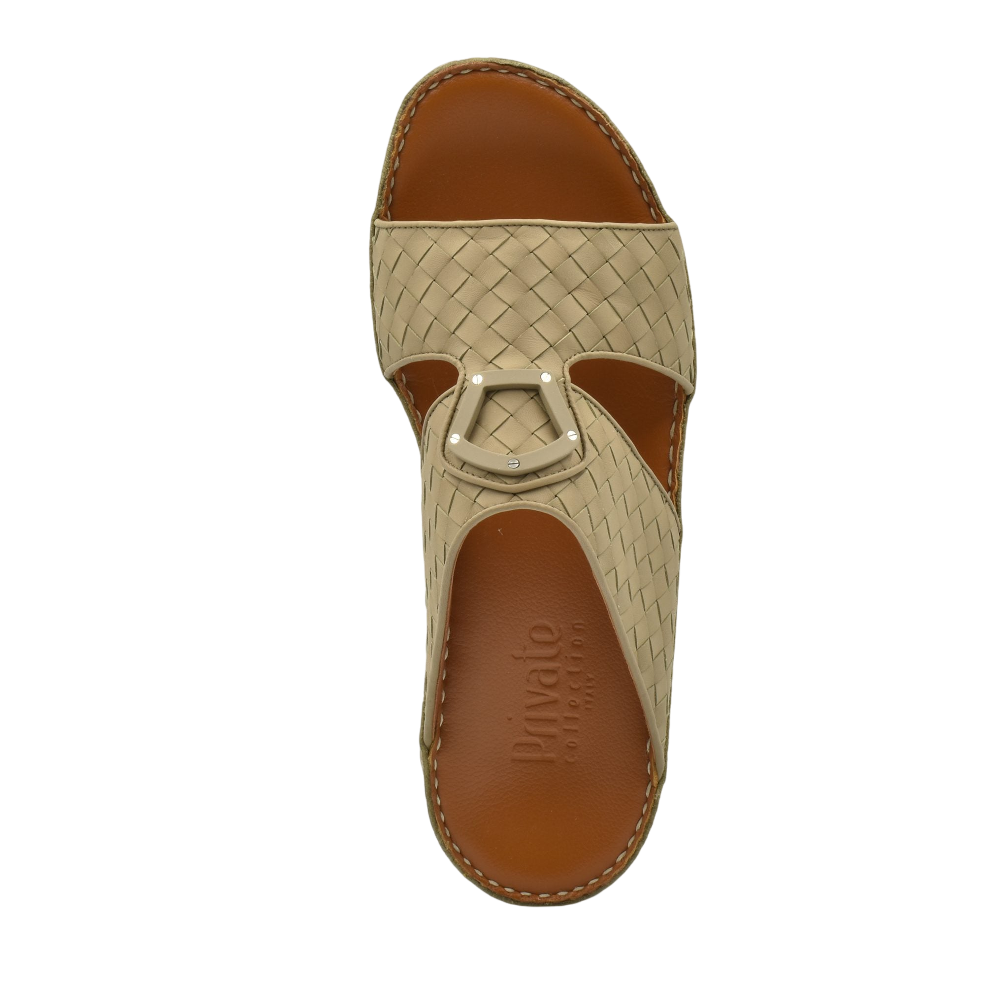 Beige woven leather Peninsula Classica Trecce sandals with brown cushioned footbed and decorative buckle