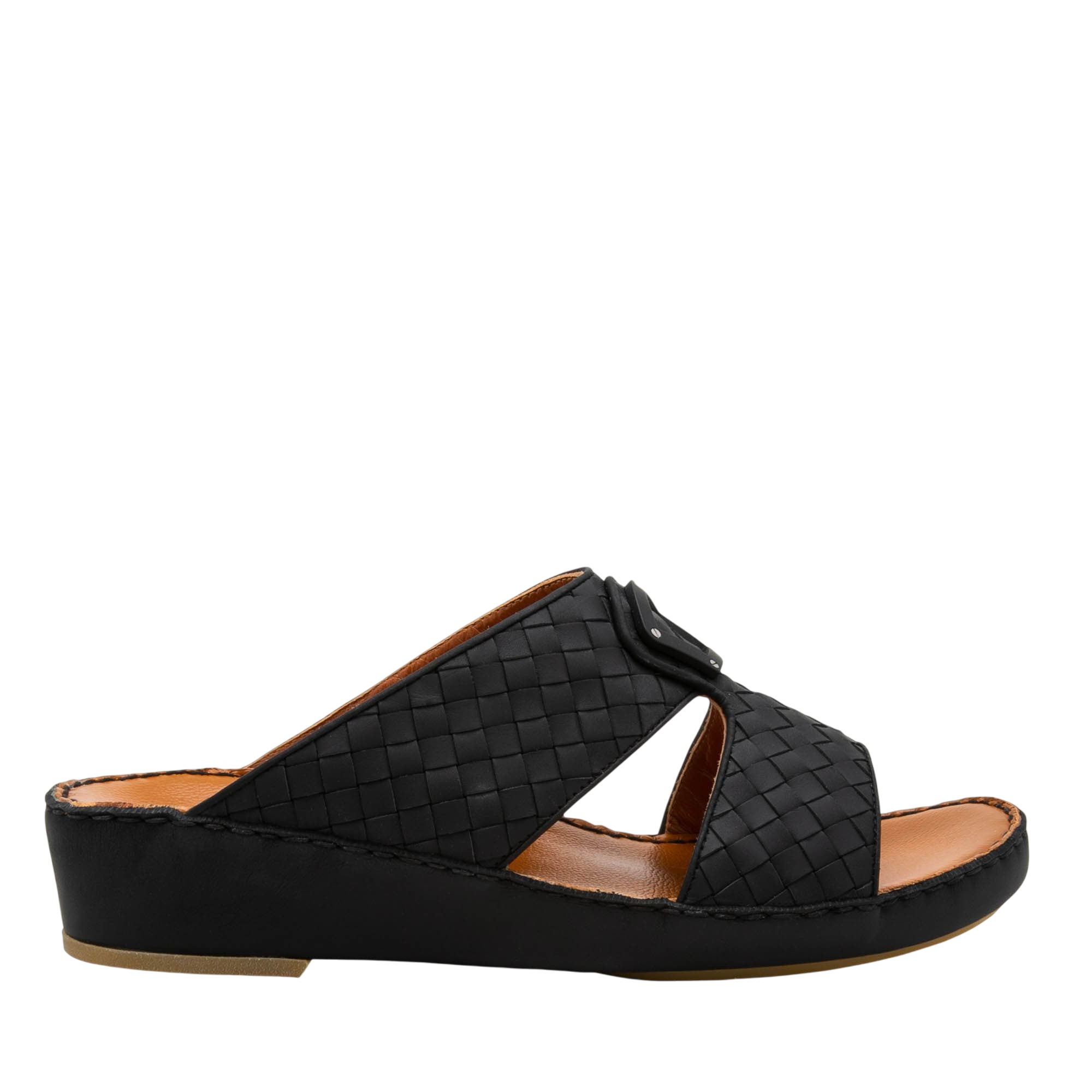 Side view of black Peninsula Classica Trecce sandals with woven leather upper and cushioned sole