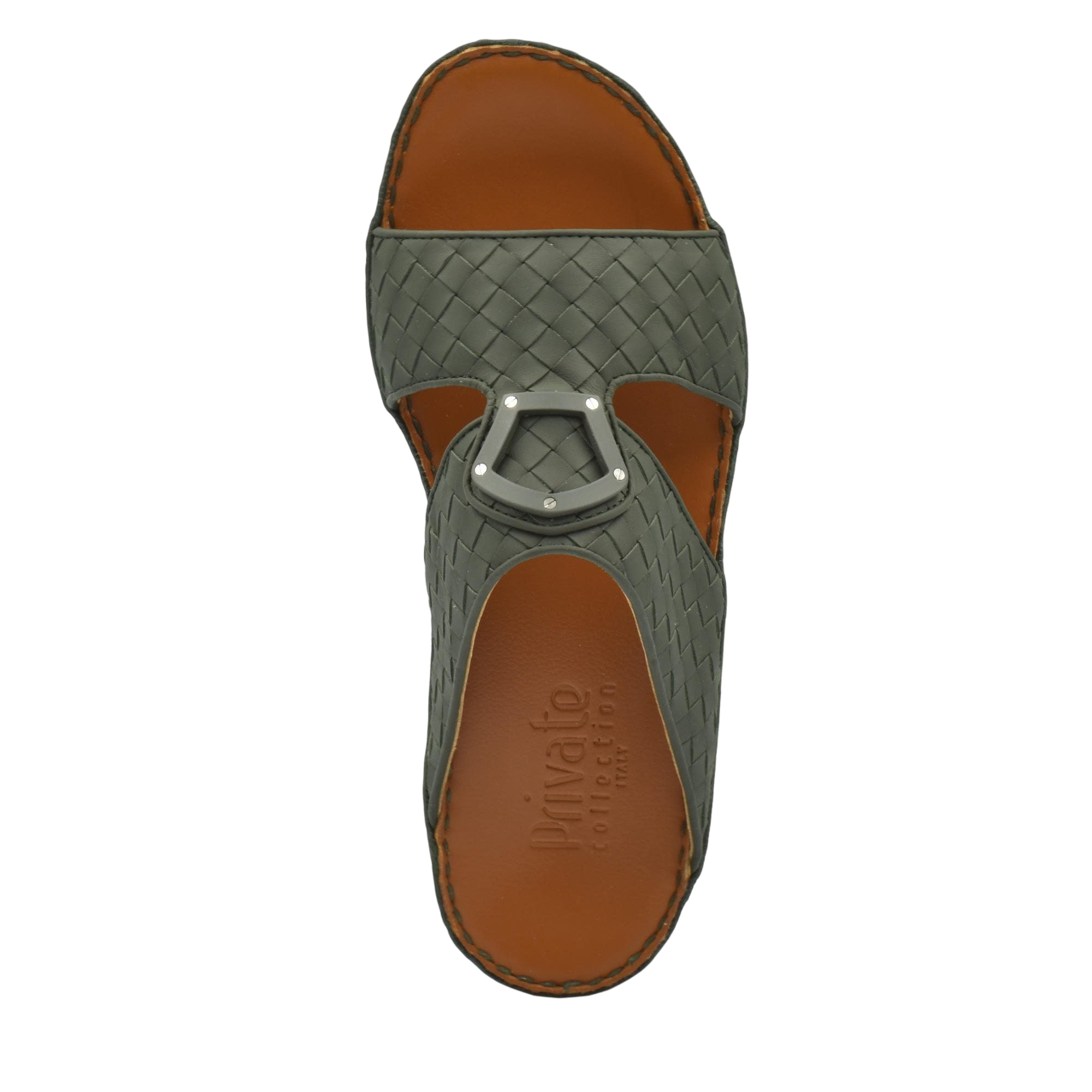 Top view of green woven leather Peninsula Classica Trecce sandals with brown footbed from Private collection