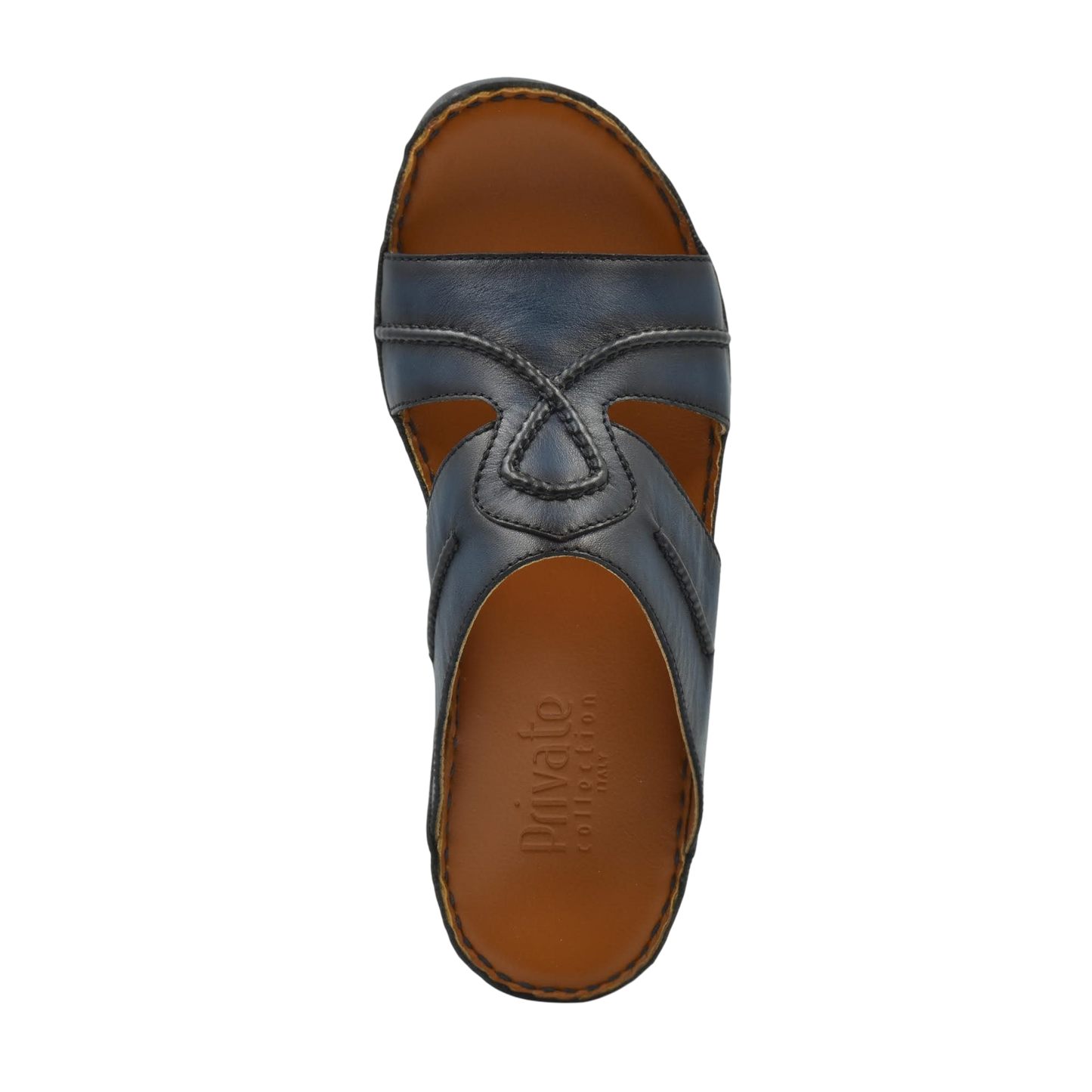 Top view of blue leather Peninsula Laceto footwear slide sandal with brown footbed from Private collection