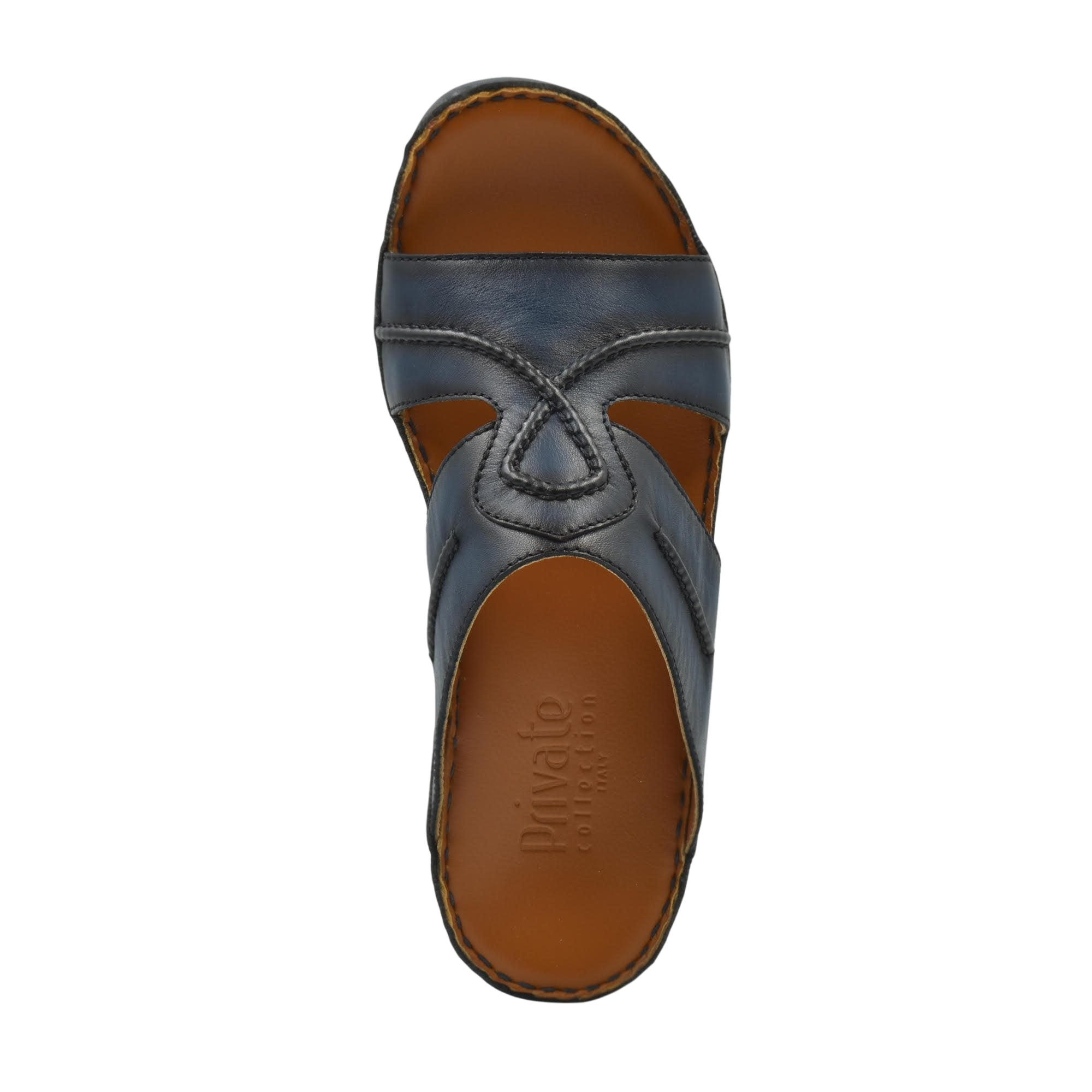 Top view of blue leather Peninsula Laceto footwear slide sandal with brown footbed from Private collection