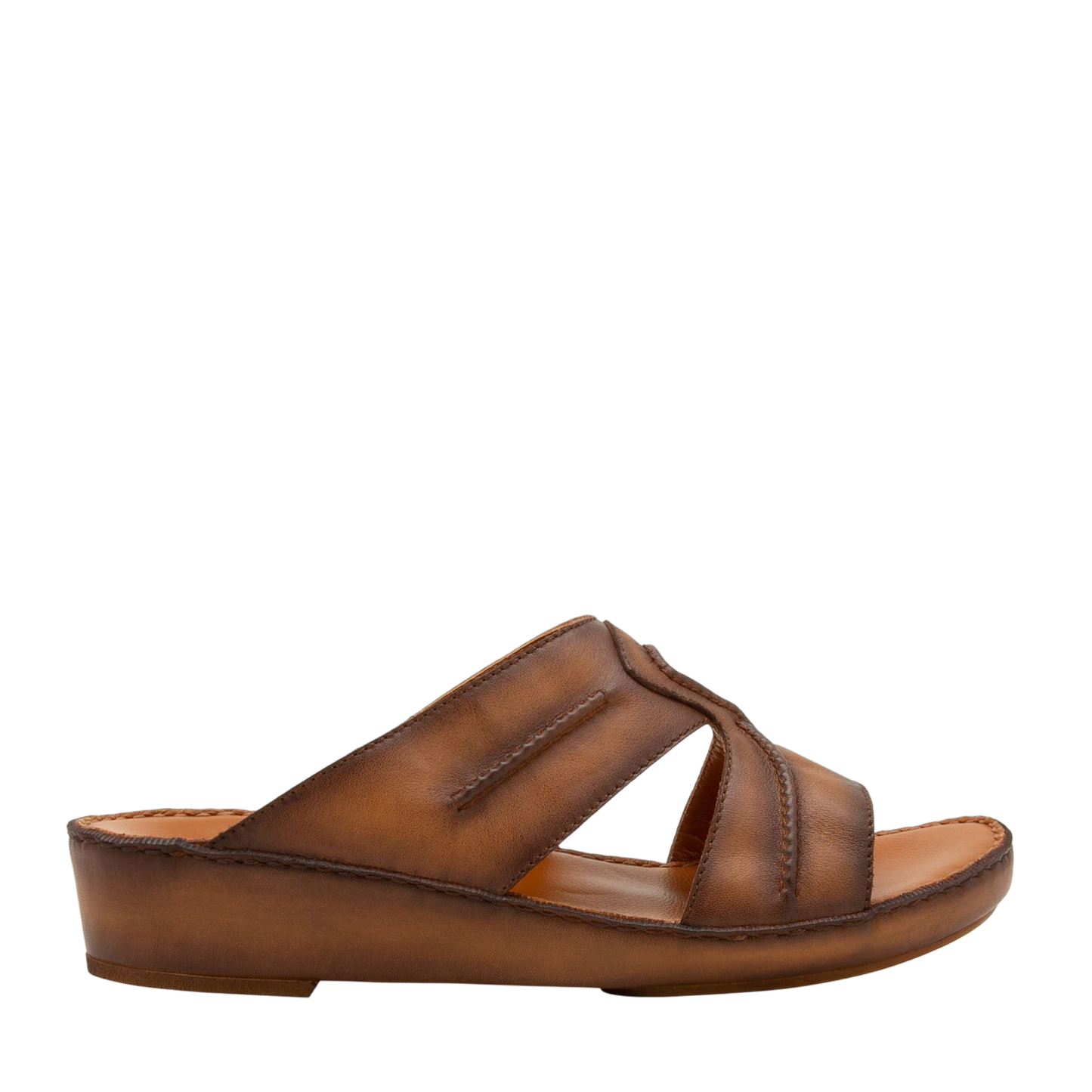 Brown leather slip-on sandal from Peninsula Laceto footwear with cushioned sole and open toe design