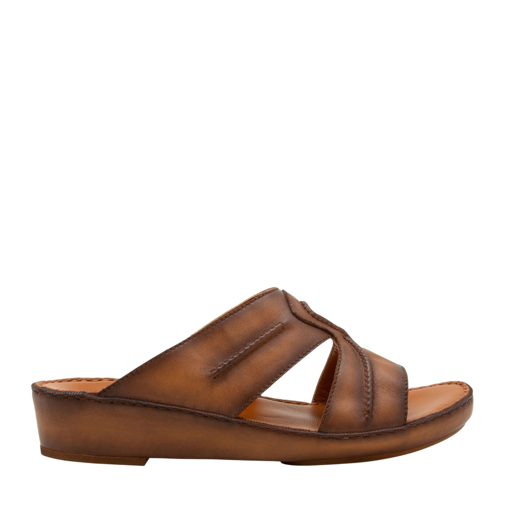 Brown leather slip-on sandal from Peninsula Laceto footwear with cushioned sole and open toe design
