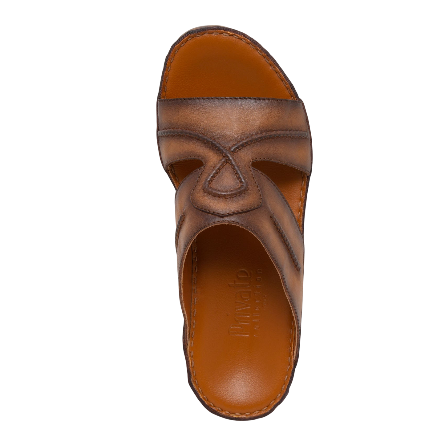 Top view of brown leather Peninsula Laceto footwear slide sandal with detailed stitching and cushioned sole
