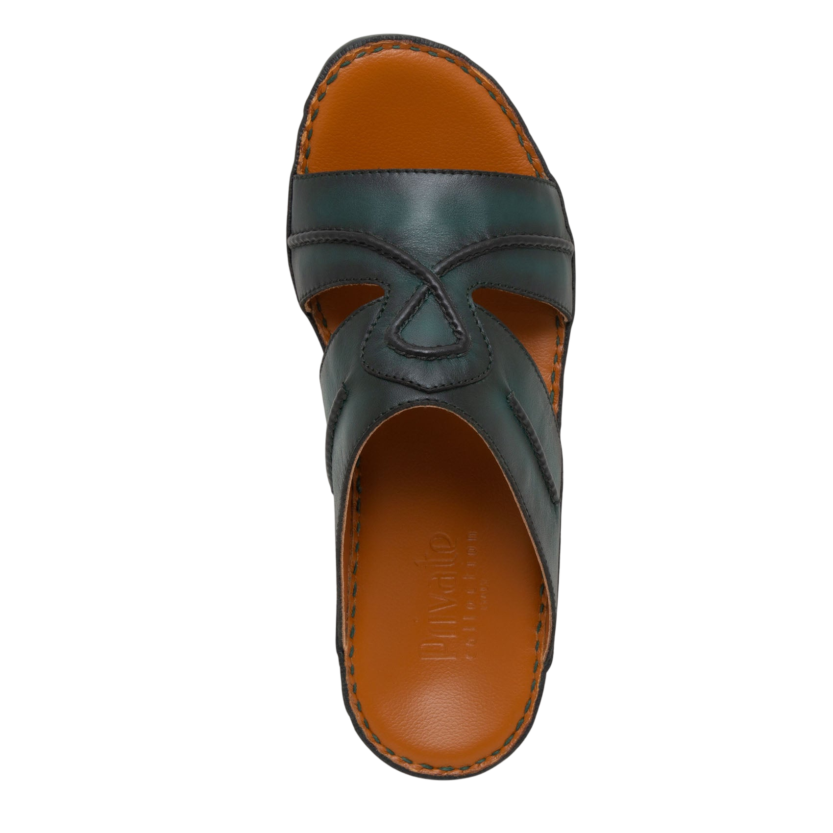 Top view of black and brown Peninsula Laceto footwear leather slide sandal with stitched detailing
