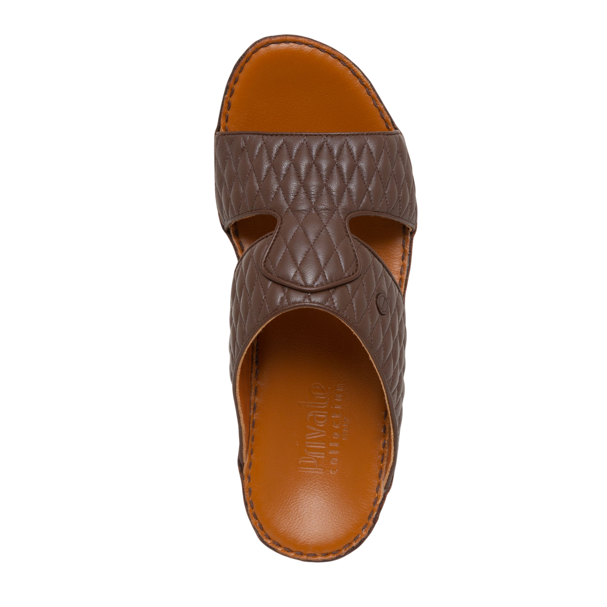 Brown Peninsula Lamb Matelasse sandals with quilted leather upper and tan cushioned footbed