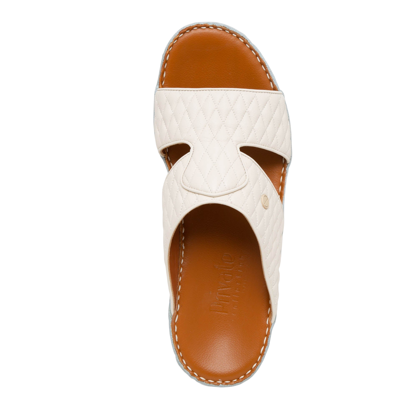 White Peninsula Lamb Matelasse sandals with quilted upper and brown cushioned footbed