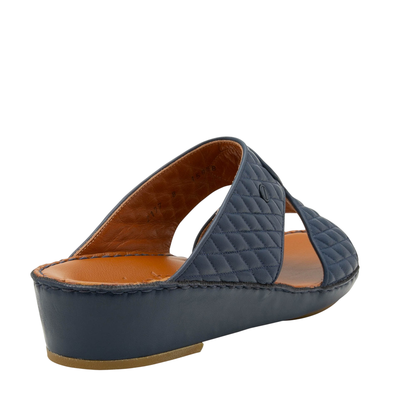 Navy blue Peninsula Lamb Matelasse sandals with quilted design and low wedge heel