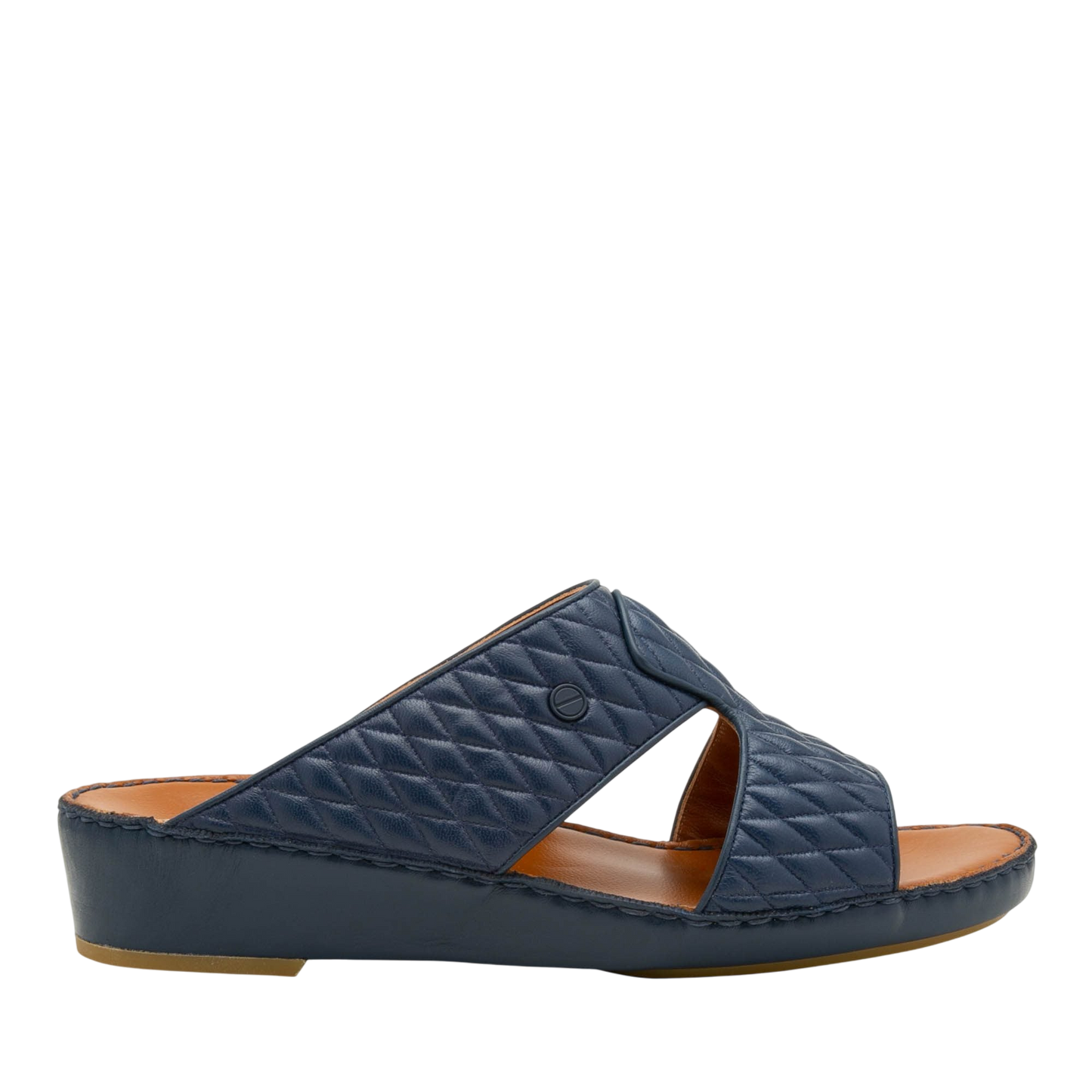 Navy Peninsula Lamb Matelasse sandals with quilted leather upper and comfortable wedge sole