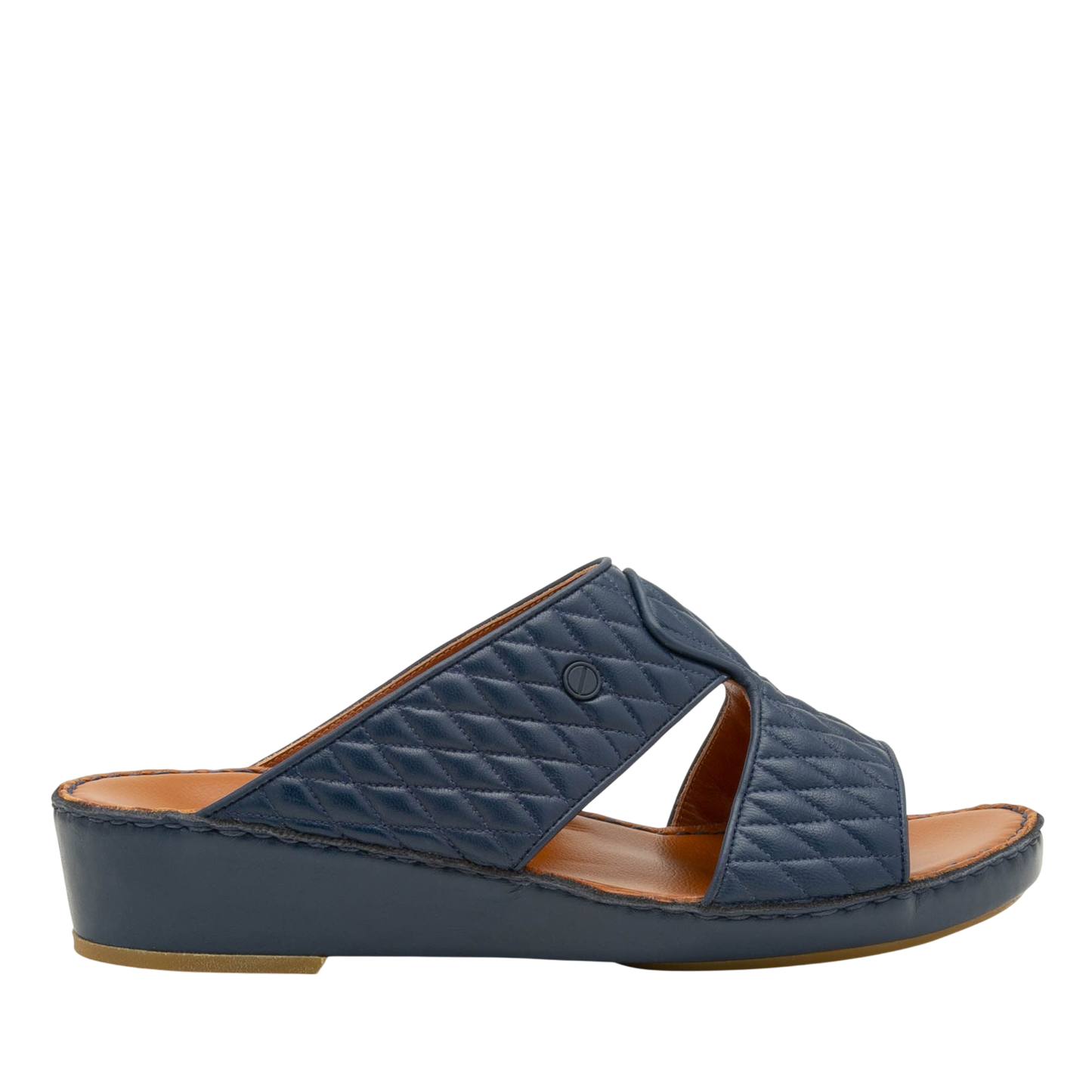 Navy blue Peninsula Lamb Matelasse sandals with quilted leather upper and comfortable low wedge sole
