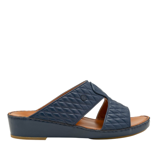 Navy blue Peninsula Lamb Matelasse sandals with quilted leather upper and comfortable low wedge sole