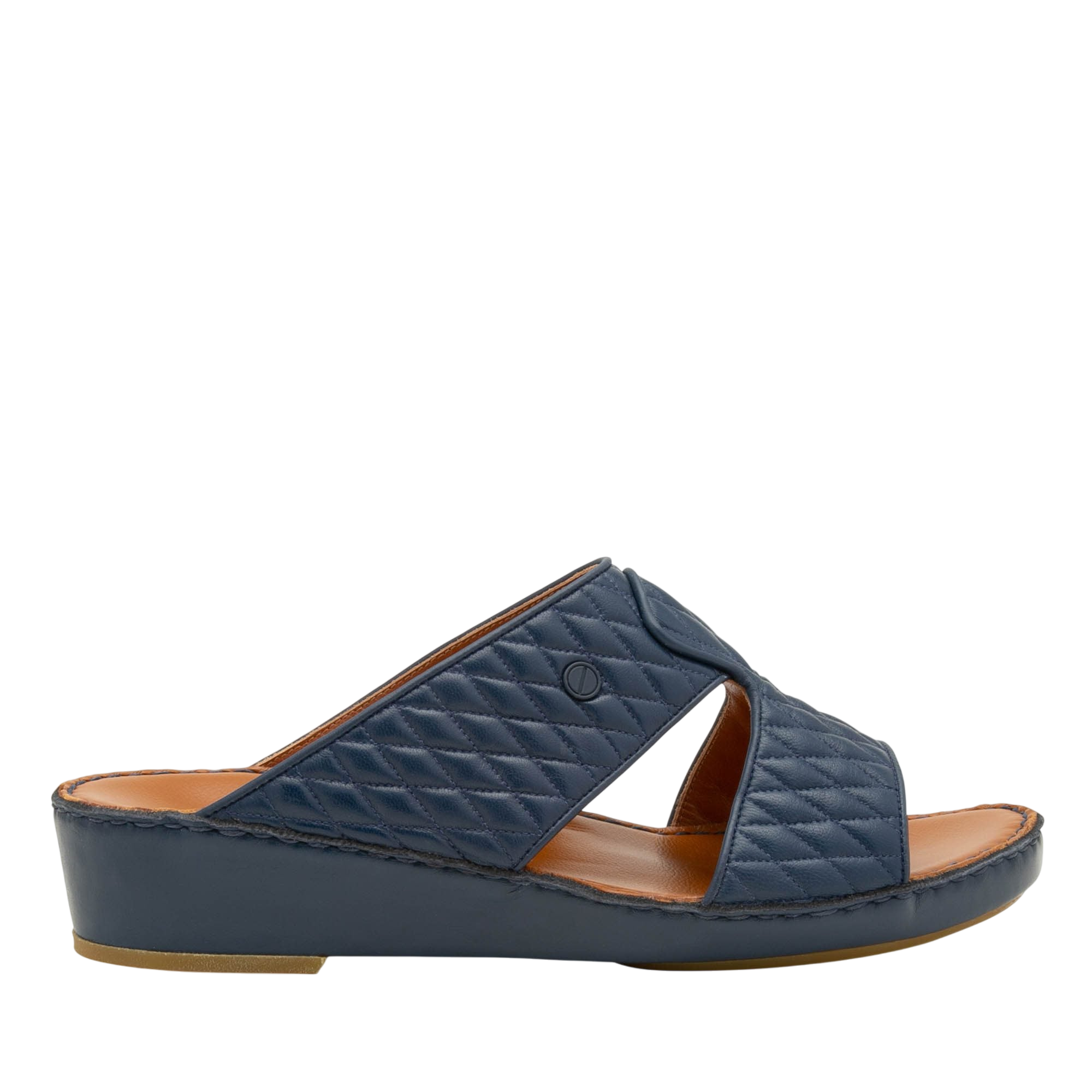 Navy blue Peninsula Lamb Matelasse sandals with quilted leather upper and comfortable low wedge sole