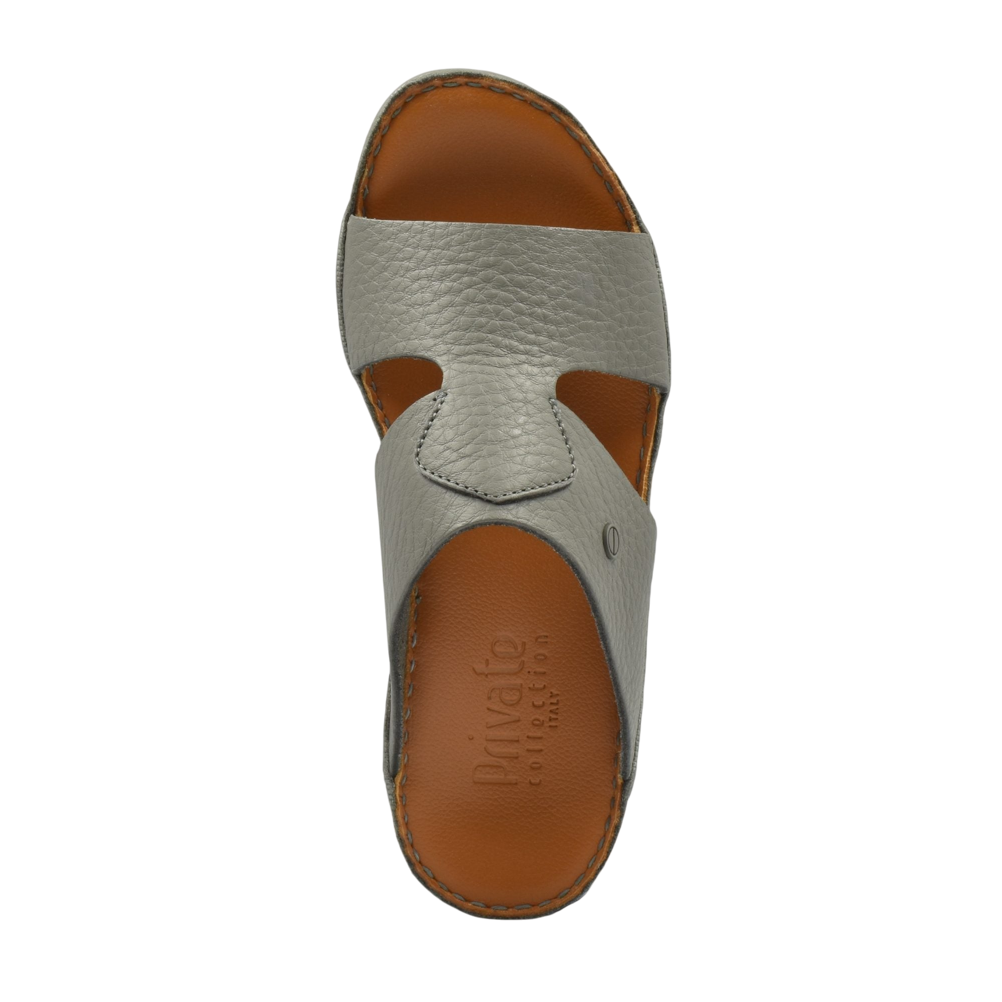 Top view of grey Peninsula Nouvo Deercalf sandals with brown insole from Private collection
