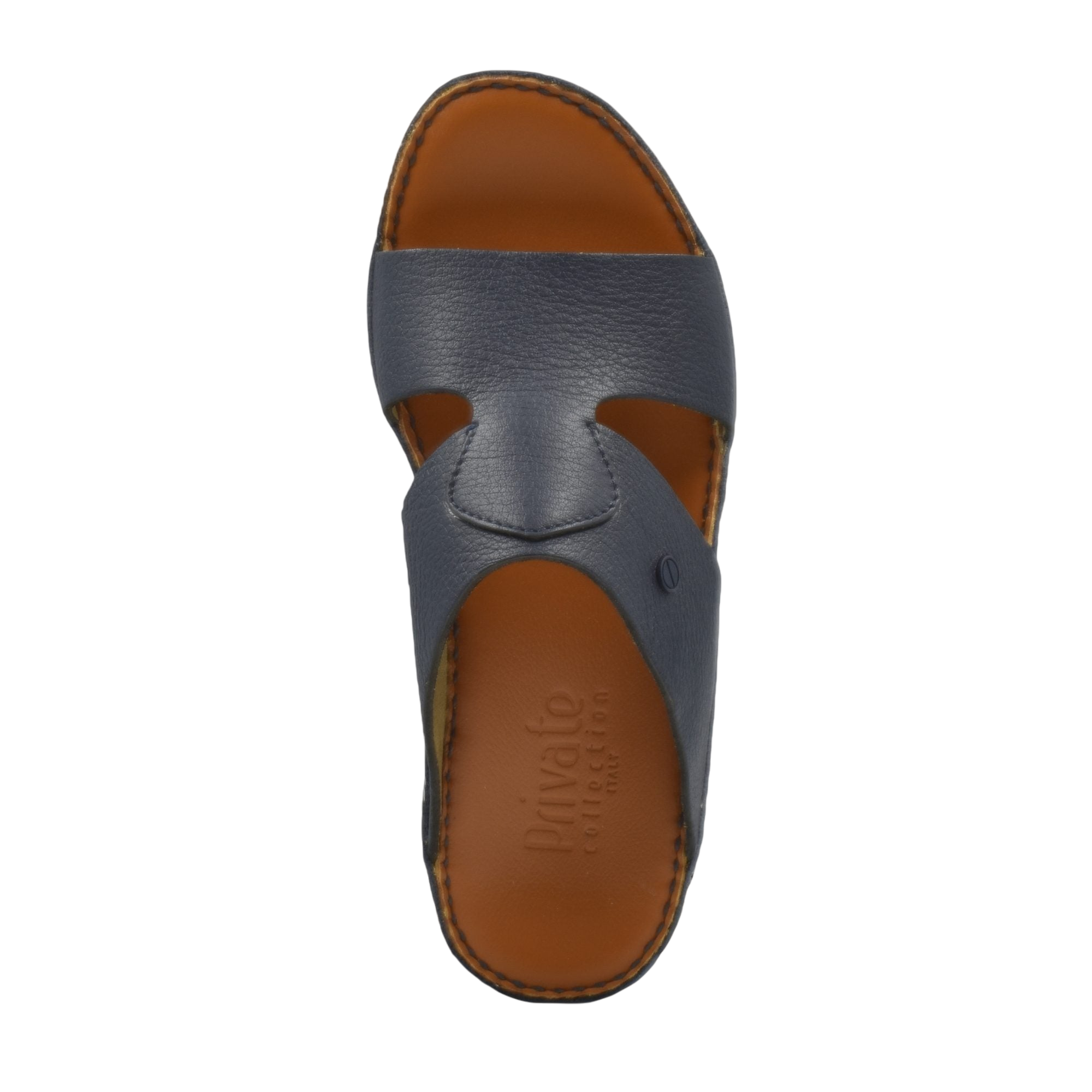 Top view of blue Peninsula Nouvo Deercalf sandals with brown insole and stitched detailing