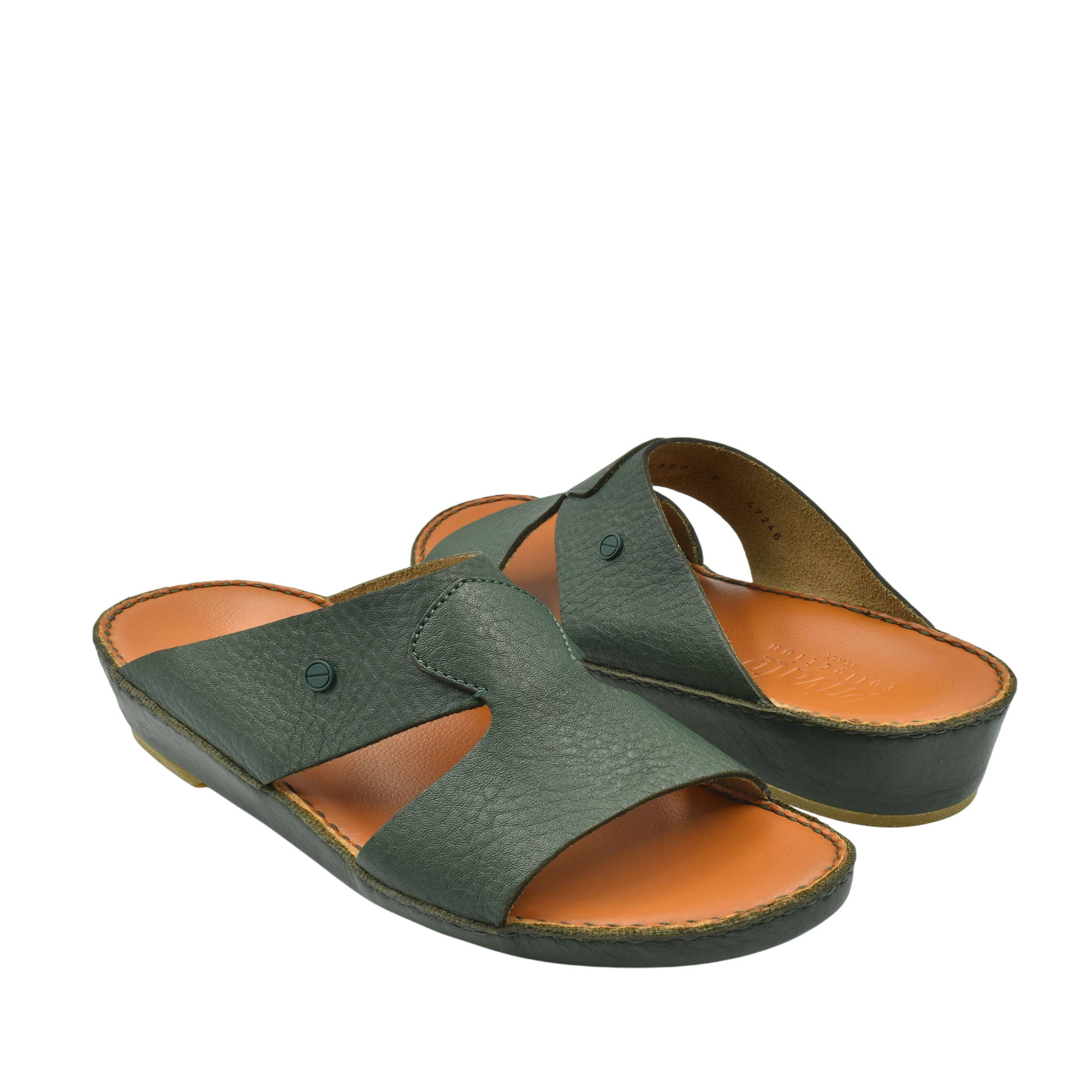 Pair of Peninsula Nouvo Deercalf sandals in dark green leather with tan cushioned footbed for comfortable wear