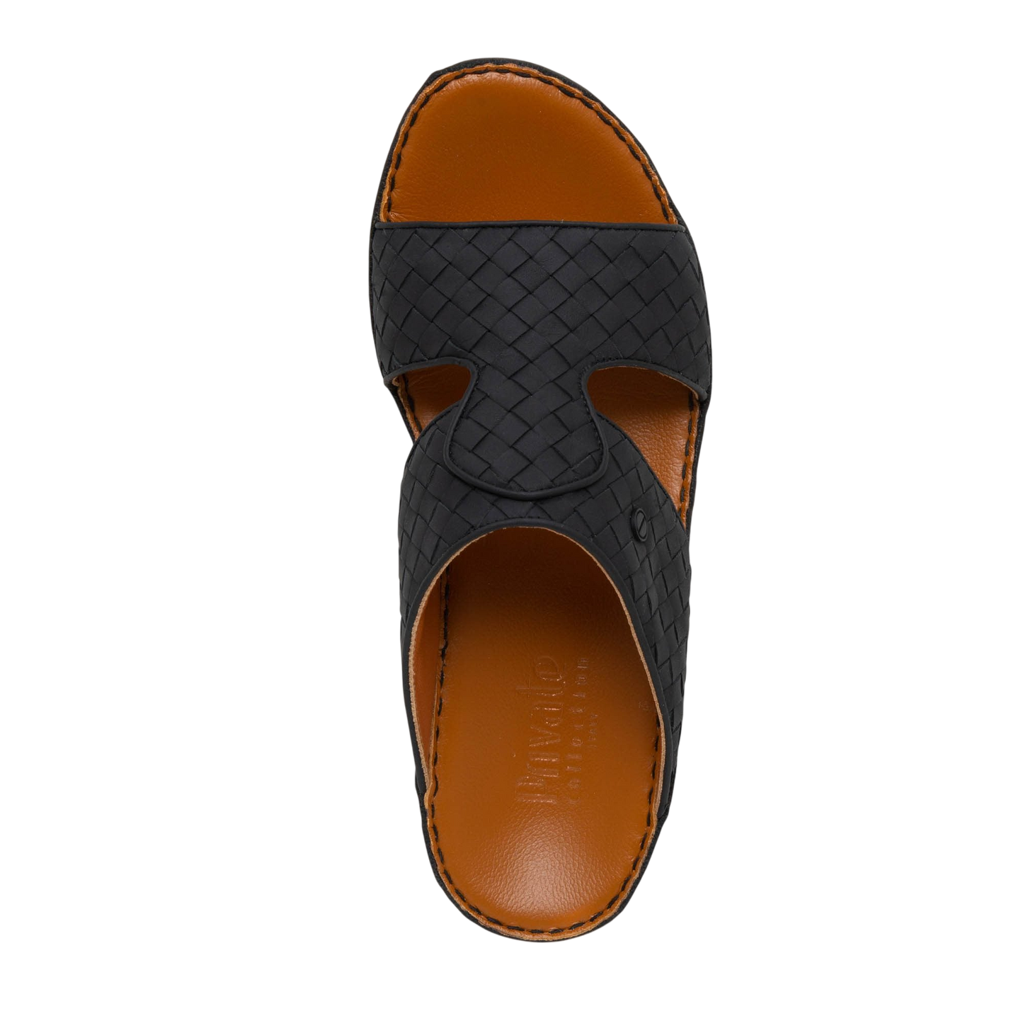 Top view of black Peninsula Trecce sandals with woven design and brown footbed