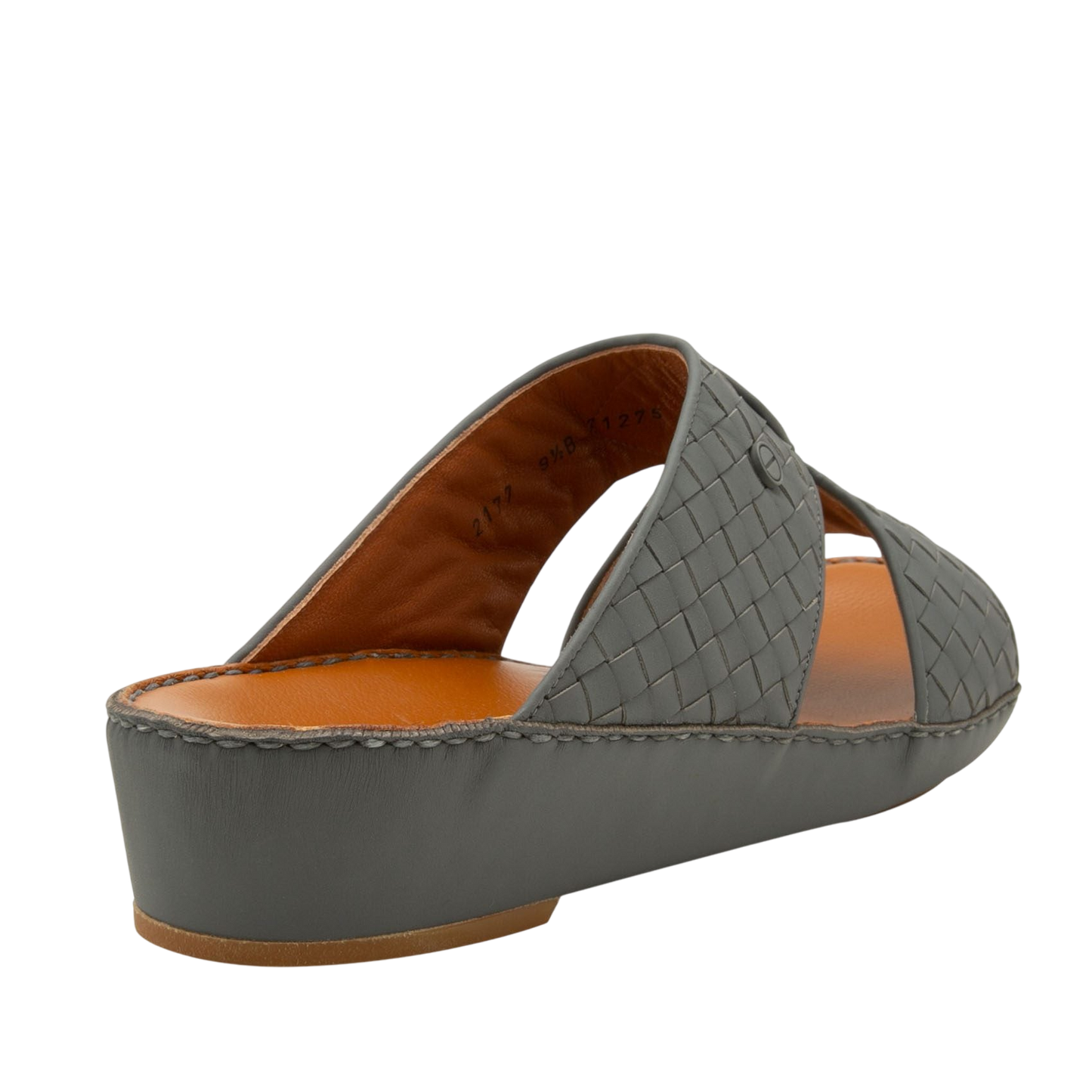 Gray Peninsula Trecce sandals with woven leather straps and cushioned brown insole