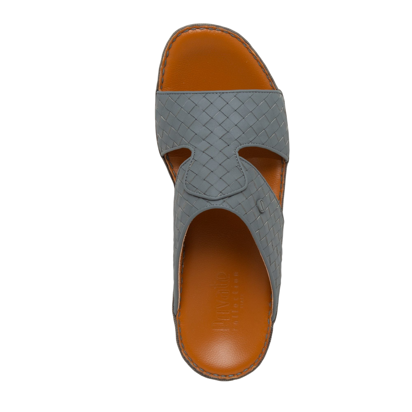 Gray woven leather Peninsula Trecce sandals with orange cushioned footbed and slip-on design