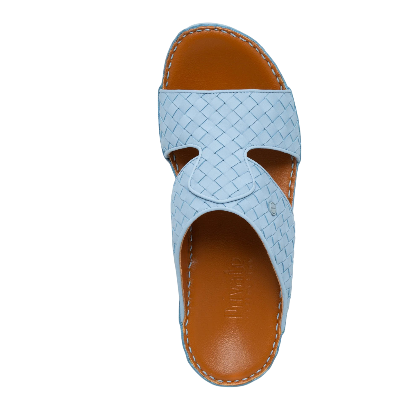 Light blue Peninsula Trecce sandals with woven leather straps and brown cushioned footbed