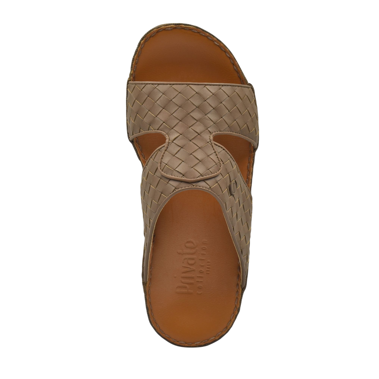 Top view of beige Peninsula Trecce sandals with woven strap design and brown footbed