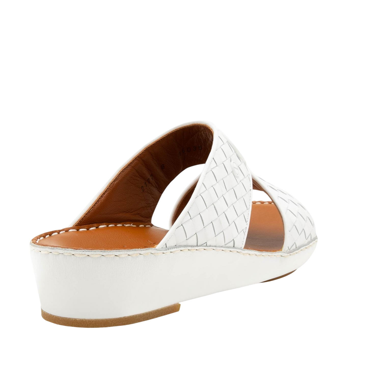 White woven leather Peninsula Trecce sandals with low wedge heel and tan cushioned insole