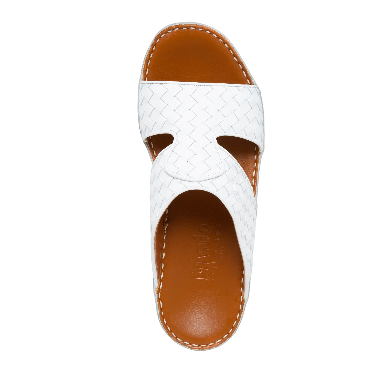White Peninsula Trecce sandals with woven leather straps and brown cushioned footbed for comfort