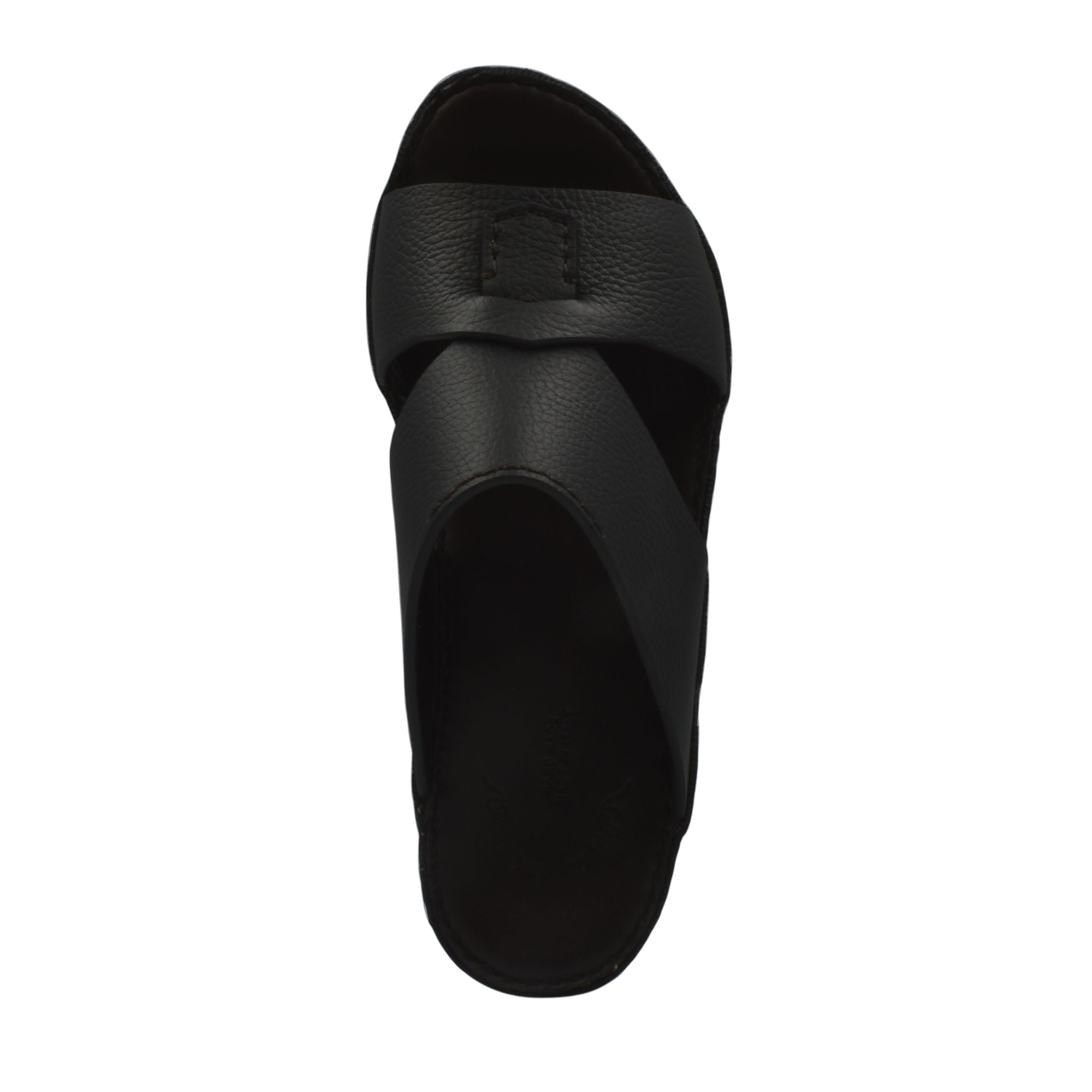 Top view of black leather Piega Nuovo sandals with wide crisscross straps for men