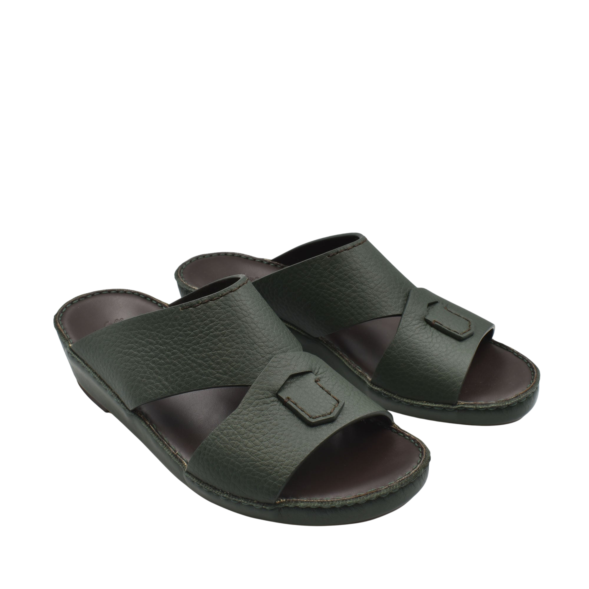 Pair of dark green Piega Nuovo sandals with wide textured straps and cushioned footbed