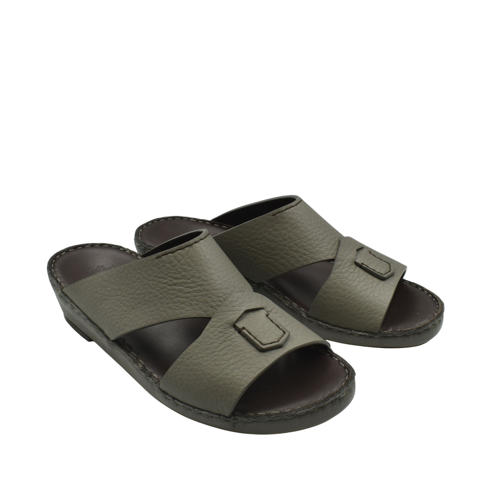 Pair of olive green Piega Nuovo sandals with wide leather straps and cushioned footbed