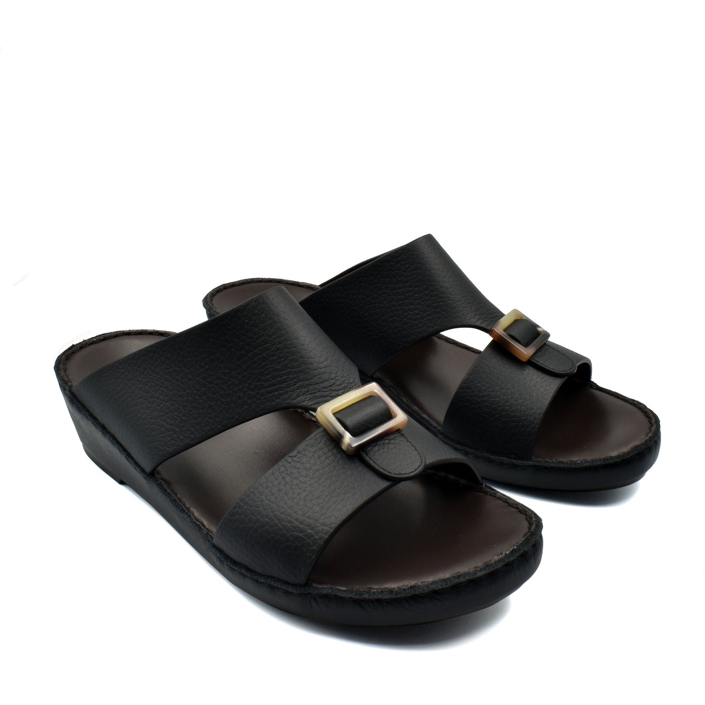 Black leather slide sandals with buckle detail premium Deercalf footwear from Private Collection