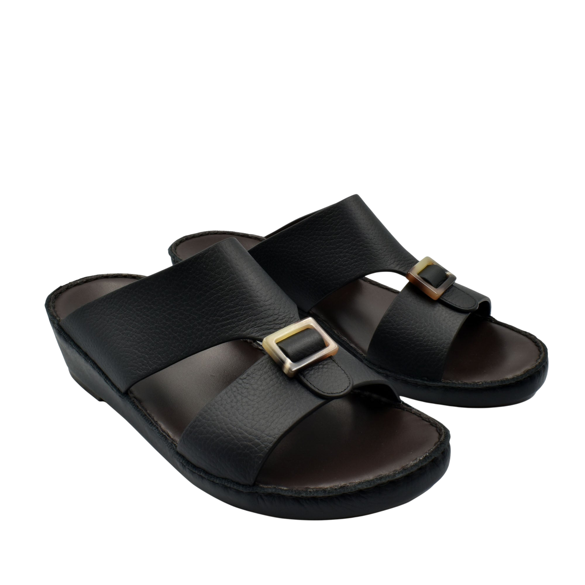 Black leather slide sandals with buckle detail premium Deercalf footwear from Private Collection
