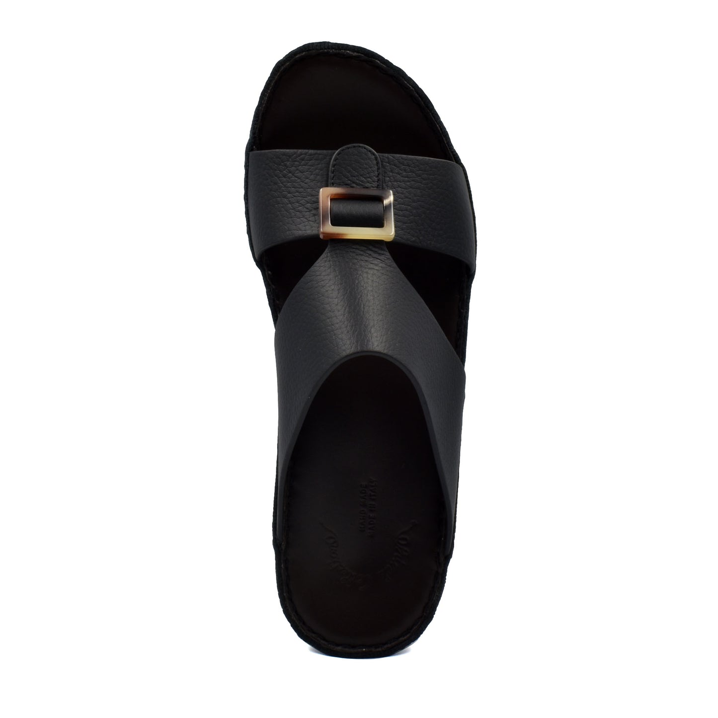 Black leather sandal with gold buckle from premium Deercalf footwear collection