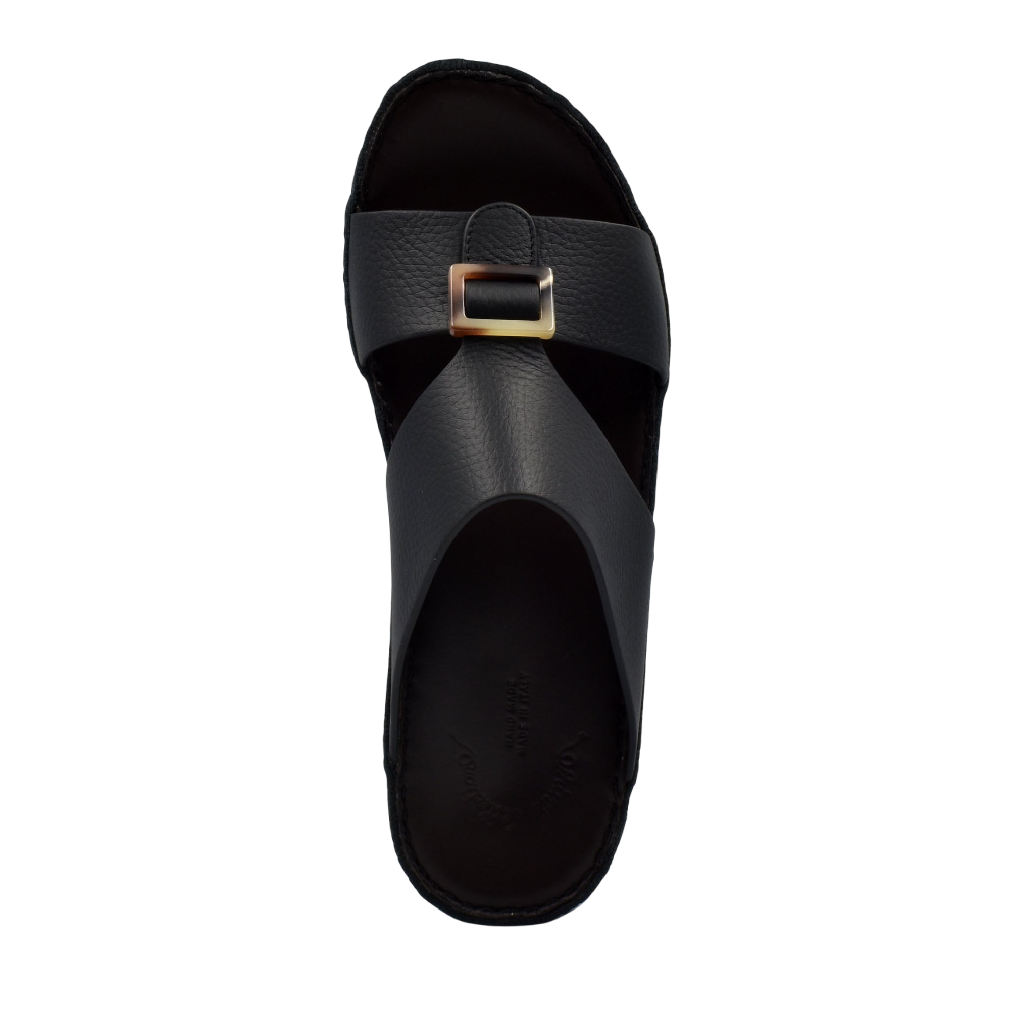 Black leather sandal with gold buckle from premium Deercalf footwear collection
