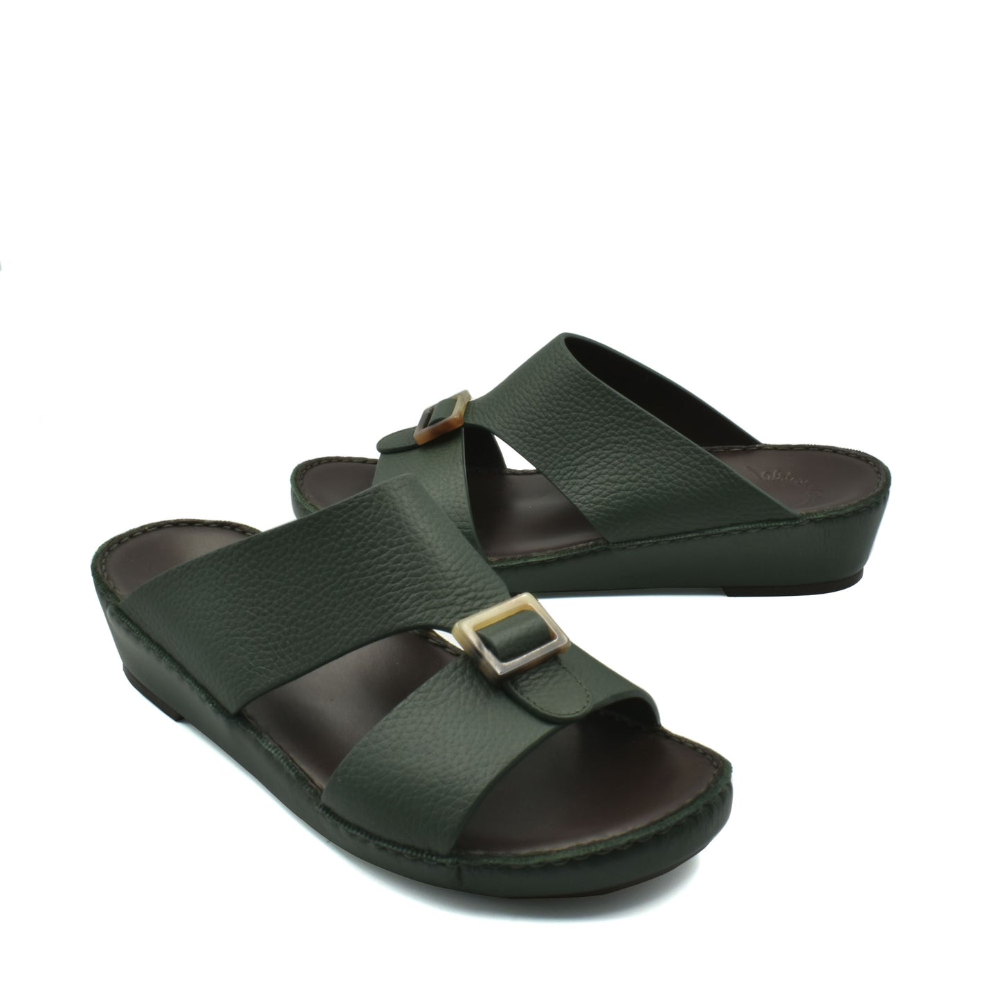 Dark green premium Deercalf footwear slide sandals with adjustable buckles from Private Collection