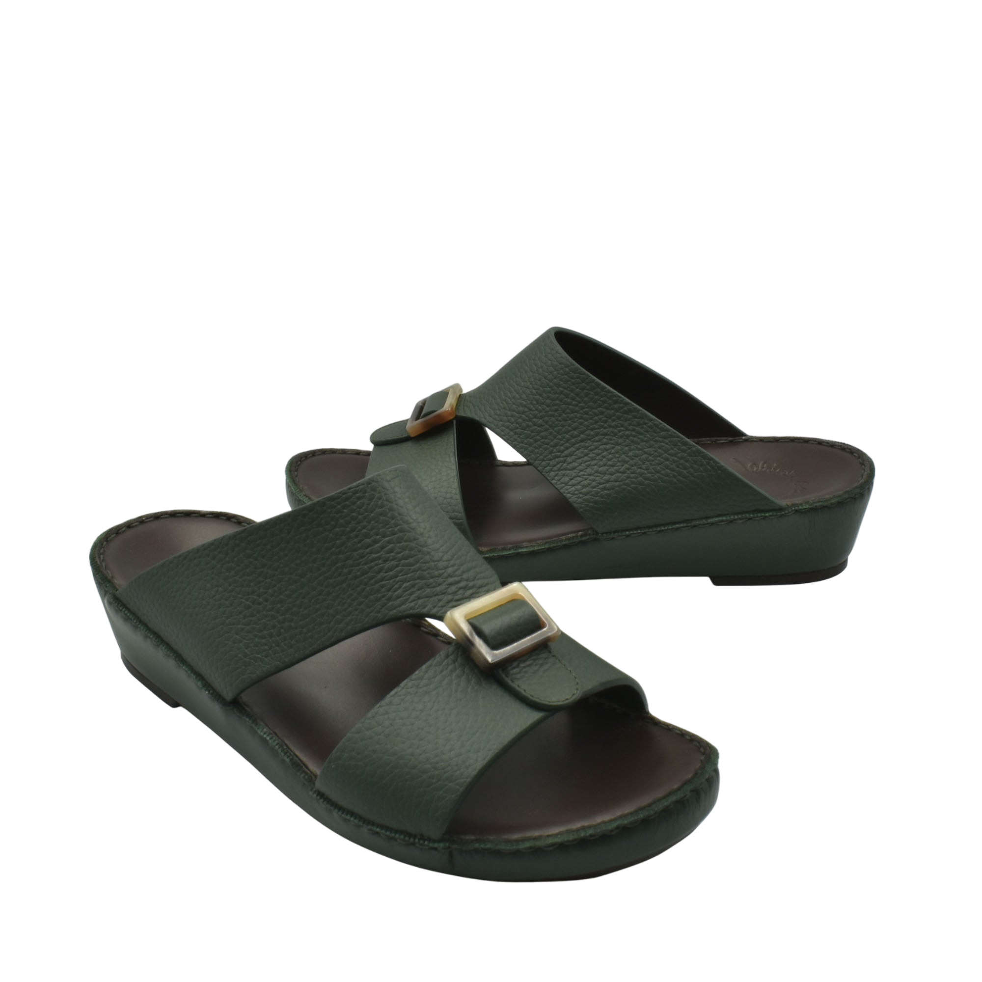 Dark green premium Deercalf footwear slide sandals with adjustable buckles from Private Collection