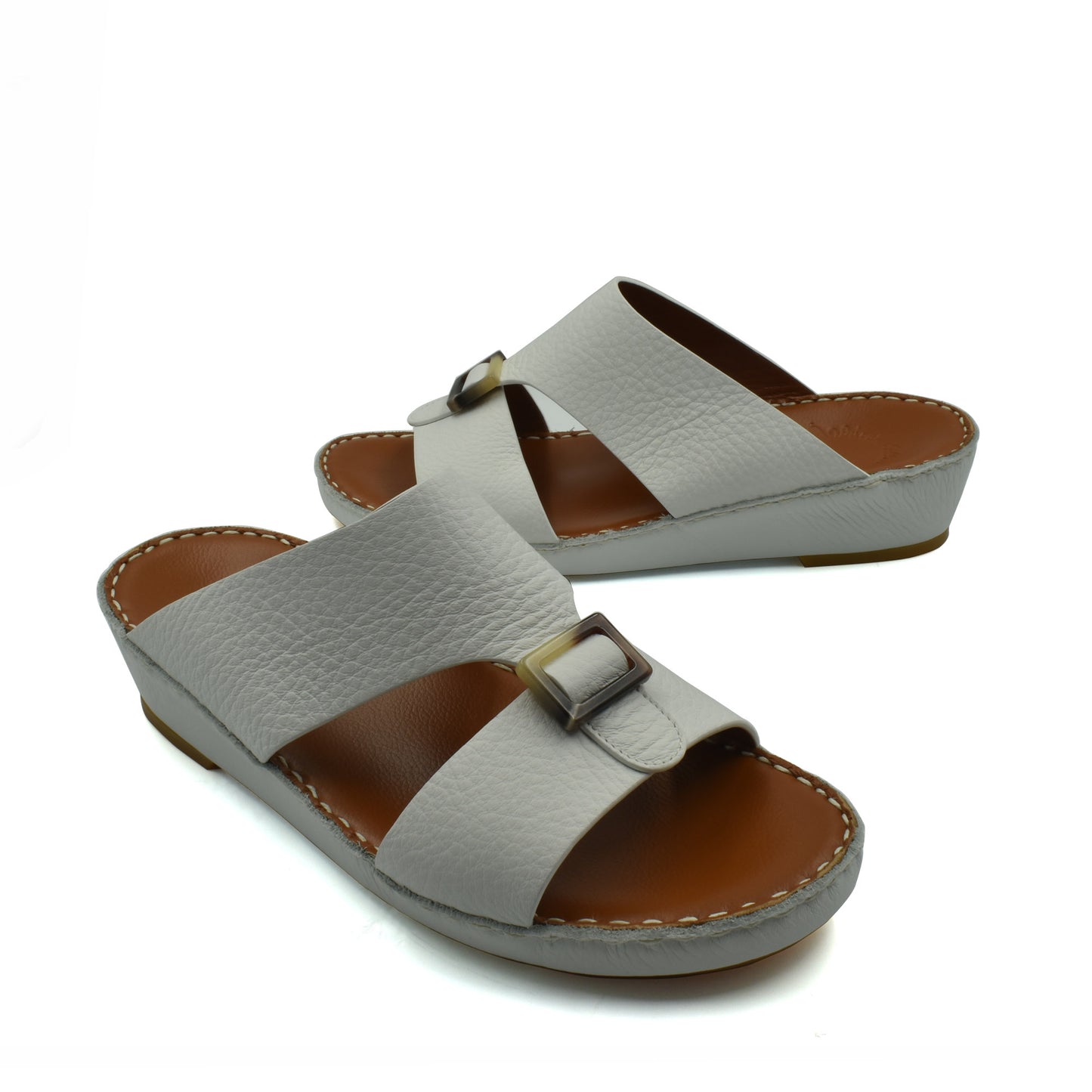White premium Deercalf footwear slide sandals with brown footbed and buckle detail