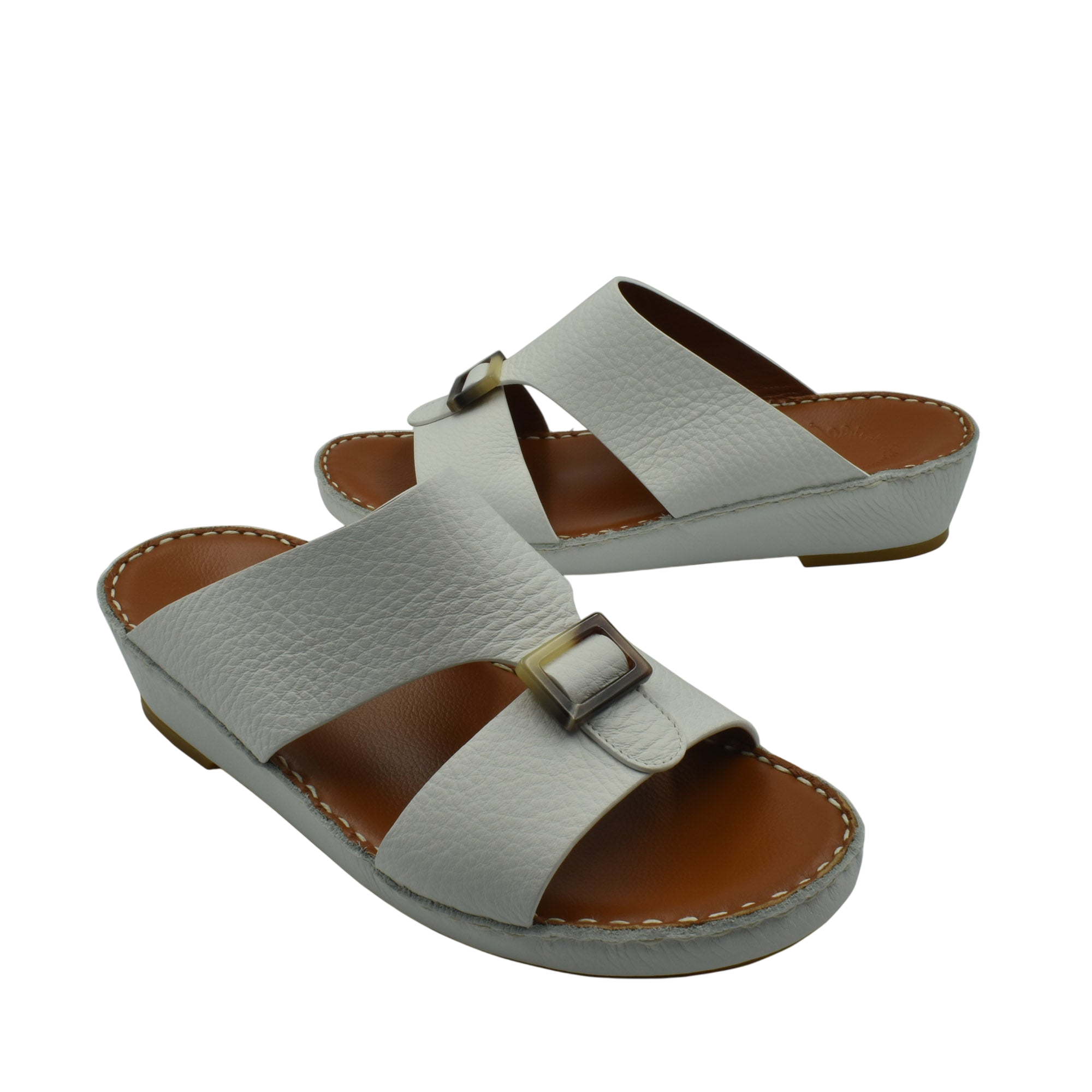 White premium Deercalf footwear slide sandals with brown footbed and buckle detail