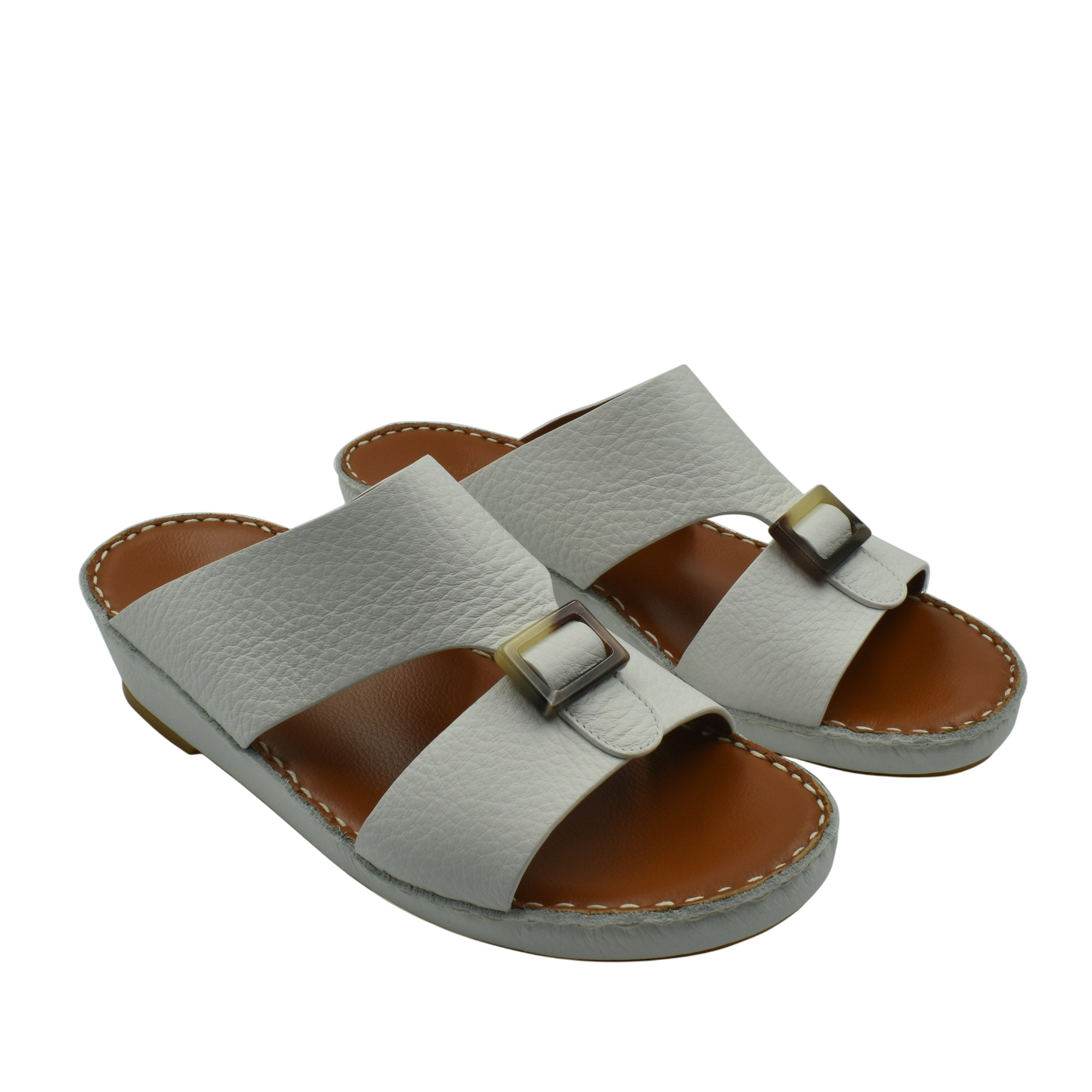 White premium Deercalf footwear slide sandals with adjustable buckle straps and cushioned brown footbed