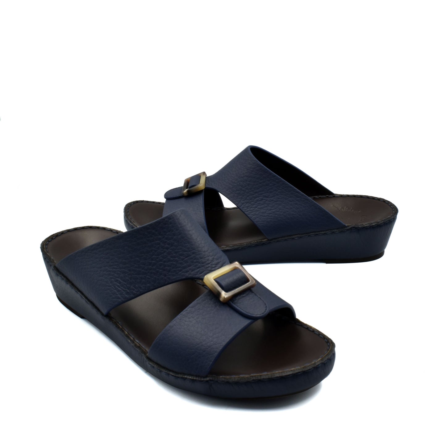 Navy blue premium Deercalf footwear slide sandals with adjustable buckle straps from Private collection