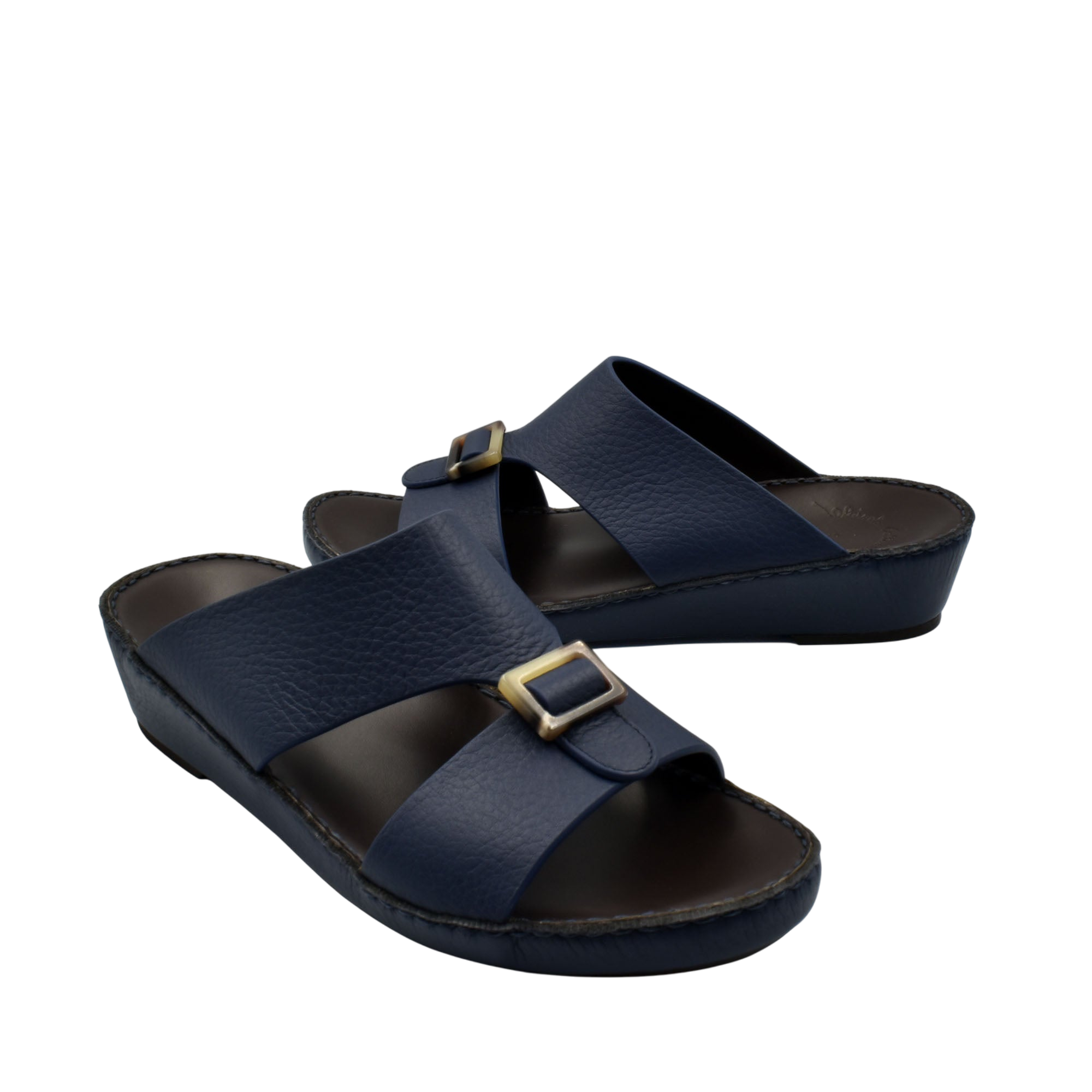 Navy blue premium Deercalf footwear slide sandals with adjustable buckle straps from Private collection