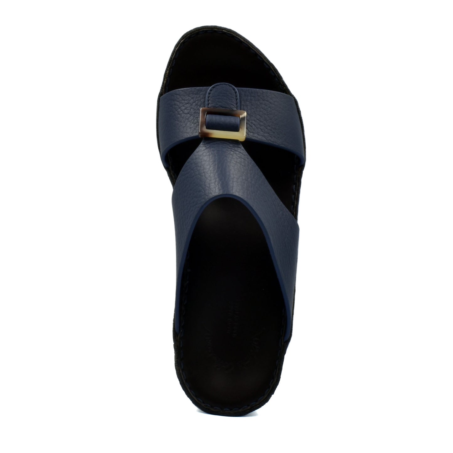 Top view of navy blue premium Deercalf footwear sandal with buckle strap from Private collection