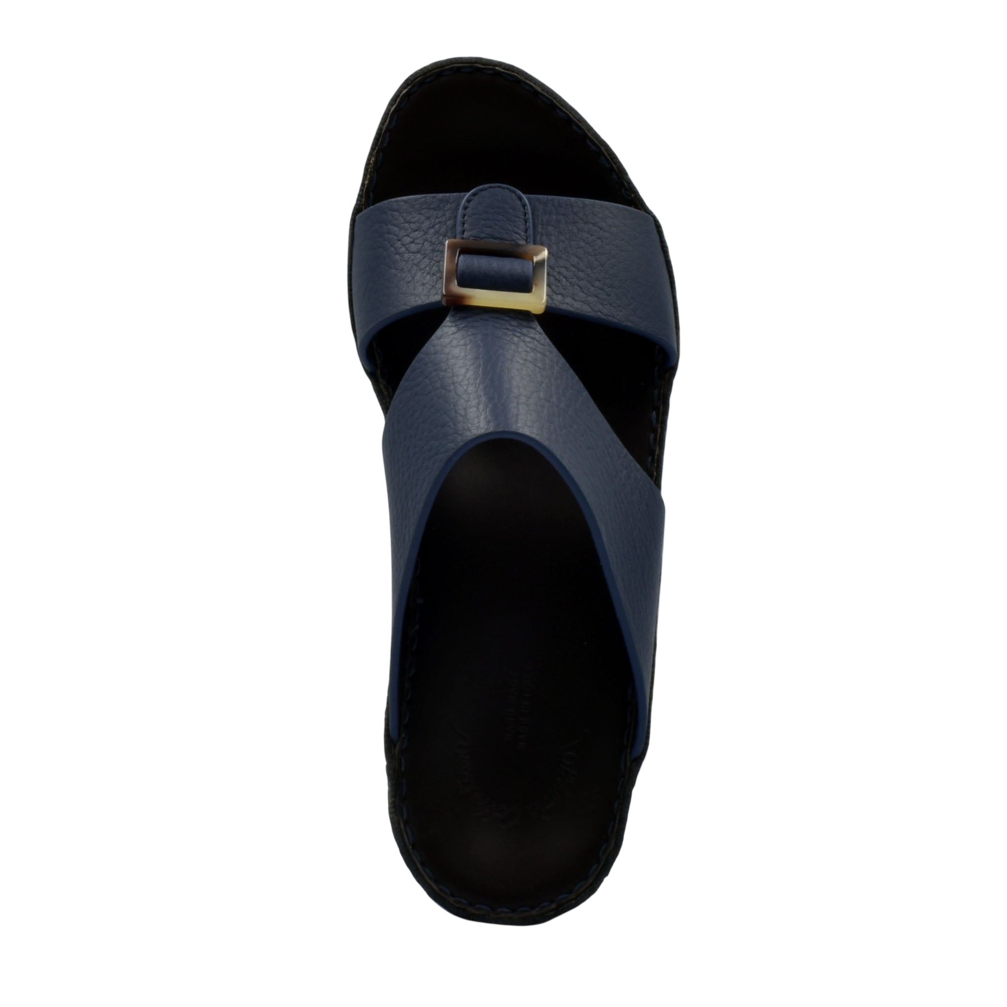Top view of navy blue premium Deercalf footwear sandal with buckle strap from Private collection