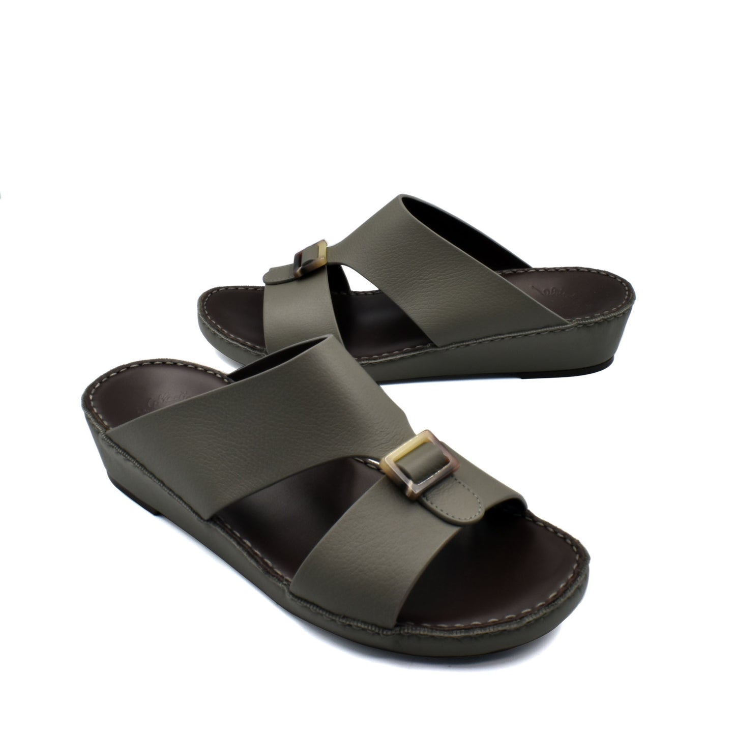 Brown slip-on sandals with buckle detail made of premium Deercalf footwear material