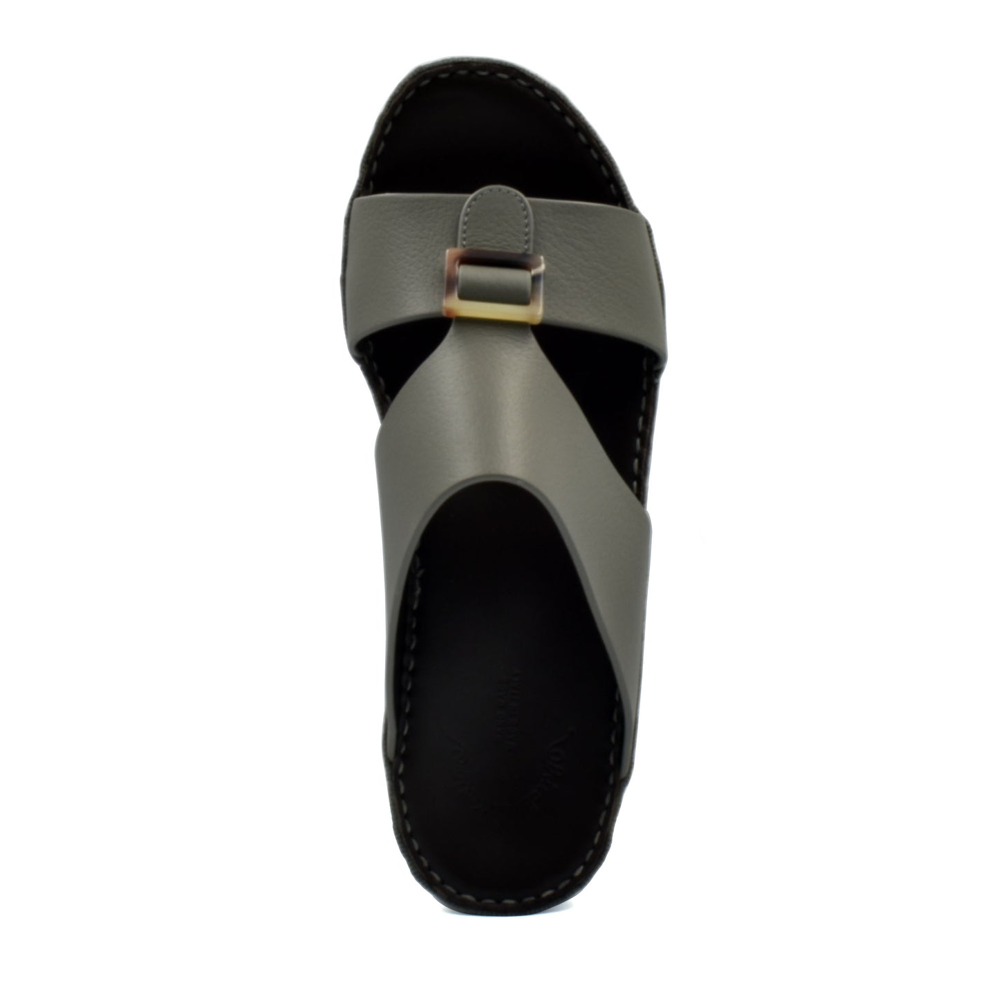 Top view of premium Deercalf footwear slide sandal with black sole and olive leather strap