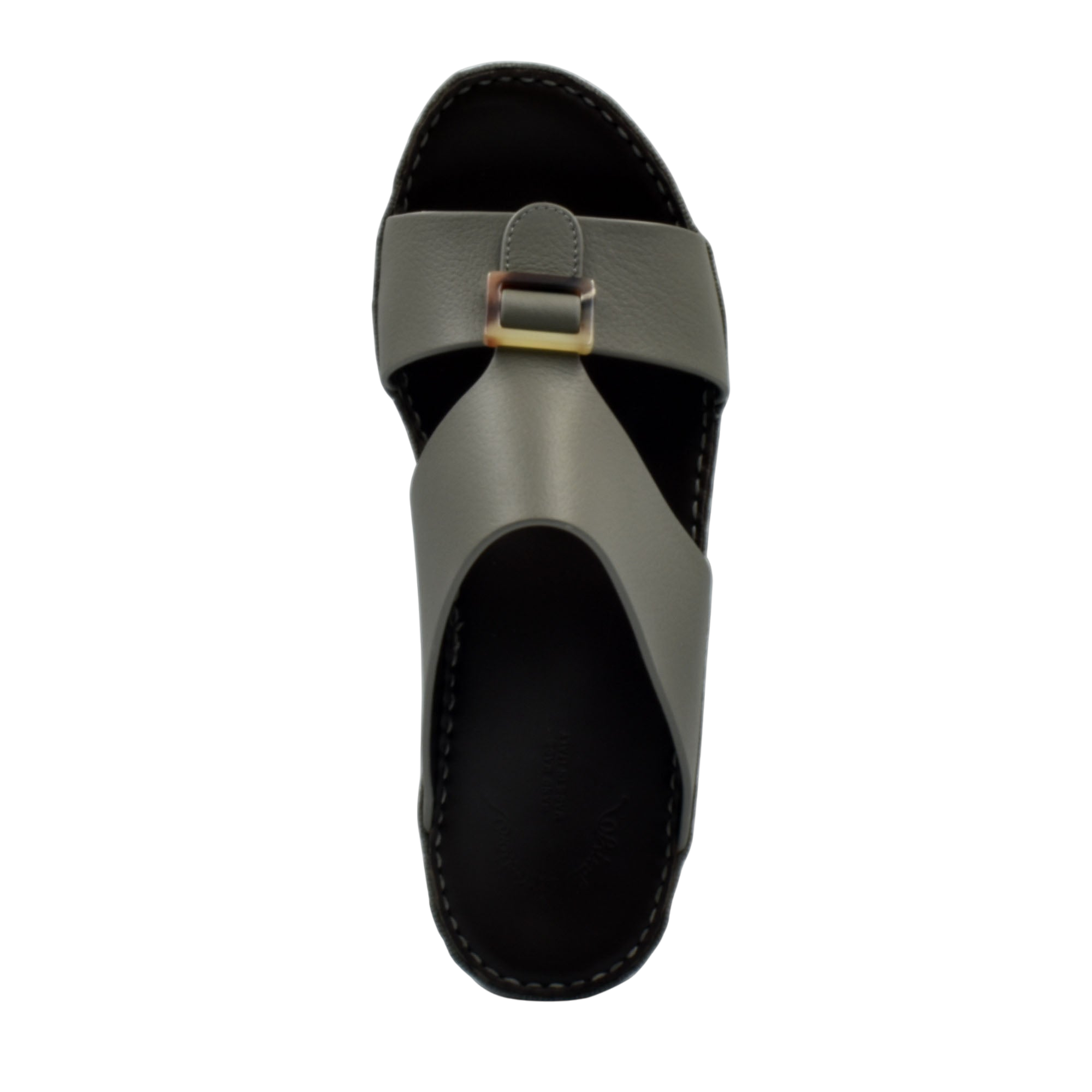 Top view of premium Deercalf footwear slide sandal with black sole and olive leather strap