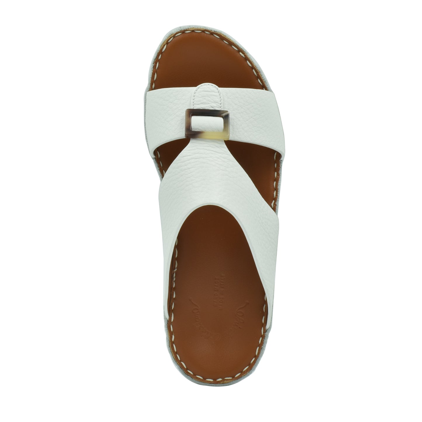 White sandal with buckle detail from premium Deercalf footwear collection in brown sole
