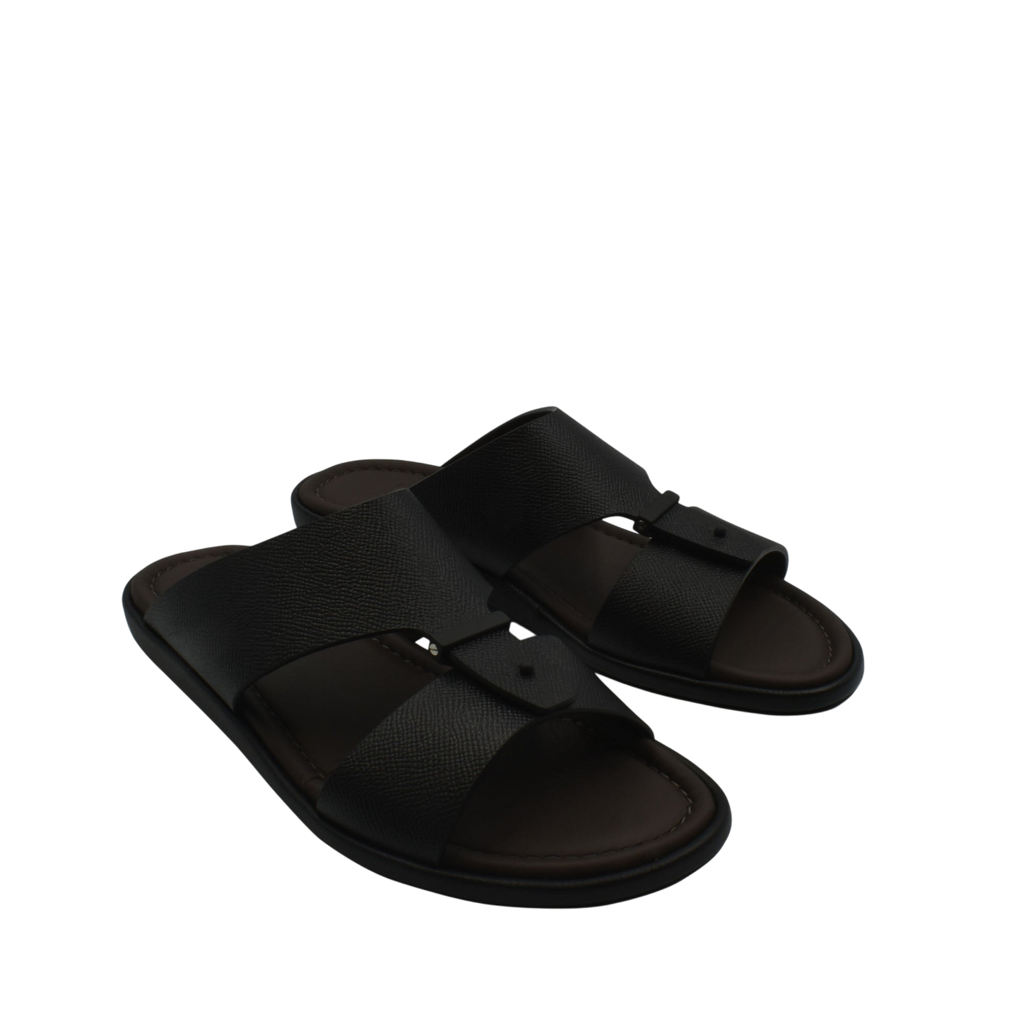 Black premium leather sandal with wide cross straps and cushioned sole for comfort