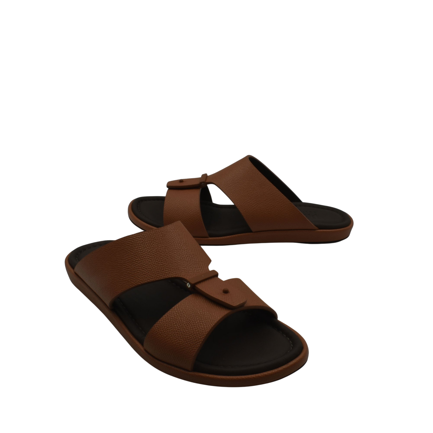 Brown premium leather sandal with adjustable straps and cushioned black footbed for comfort